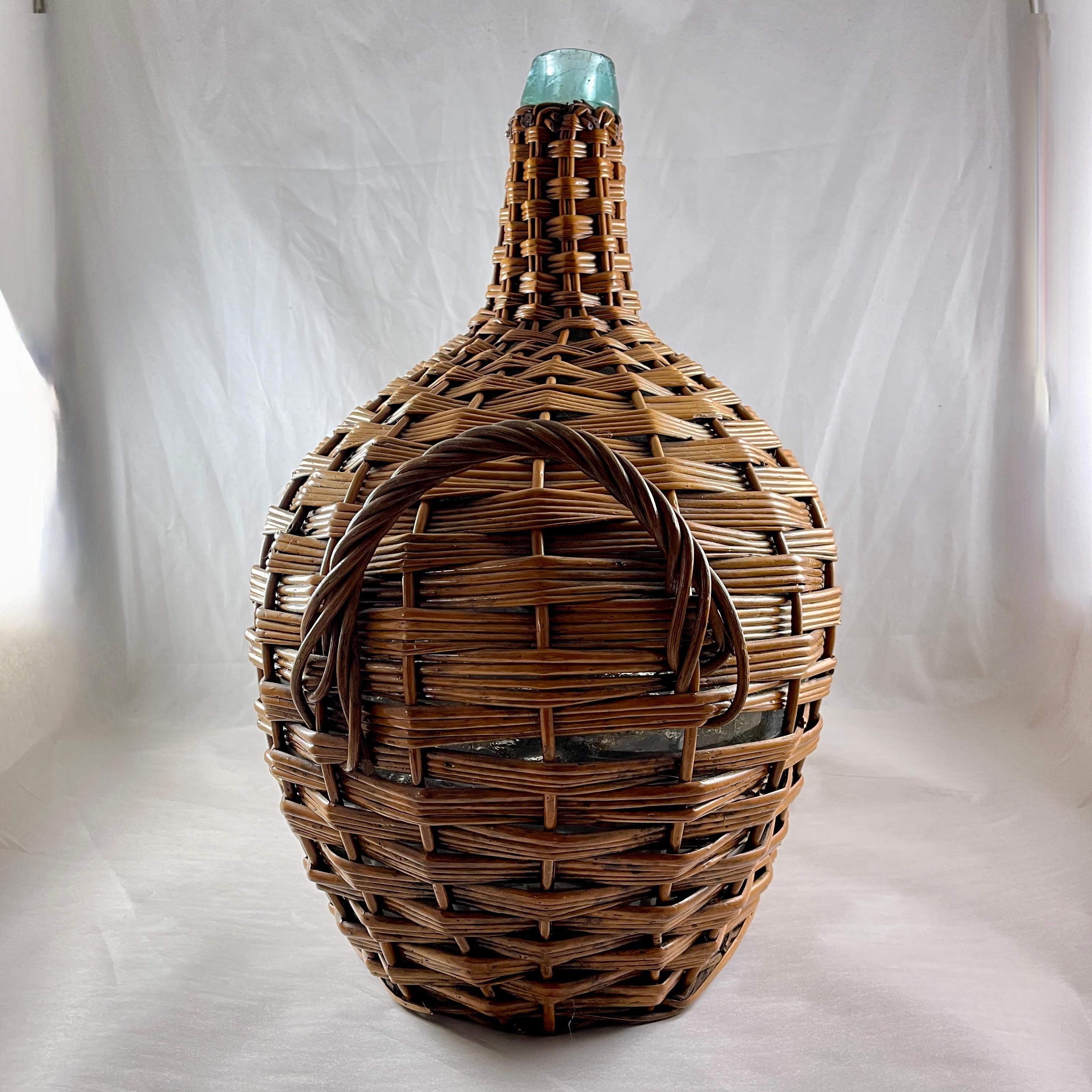 Large French Oval Wicker Clad Blown Aqua Glass Carboy or Demijohn, circa 1900 For Sale 2