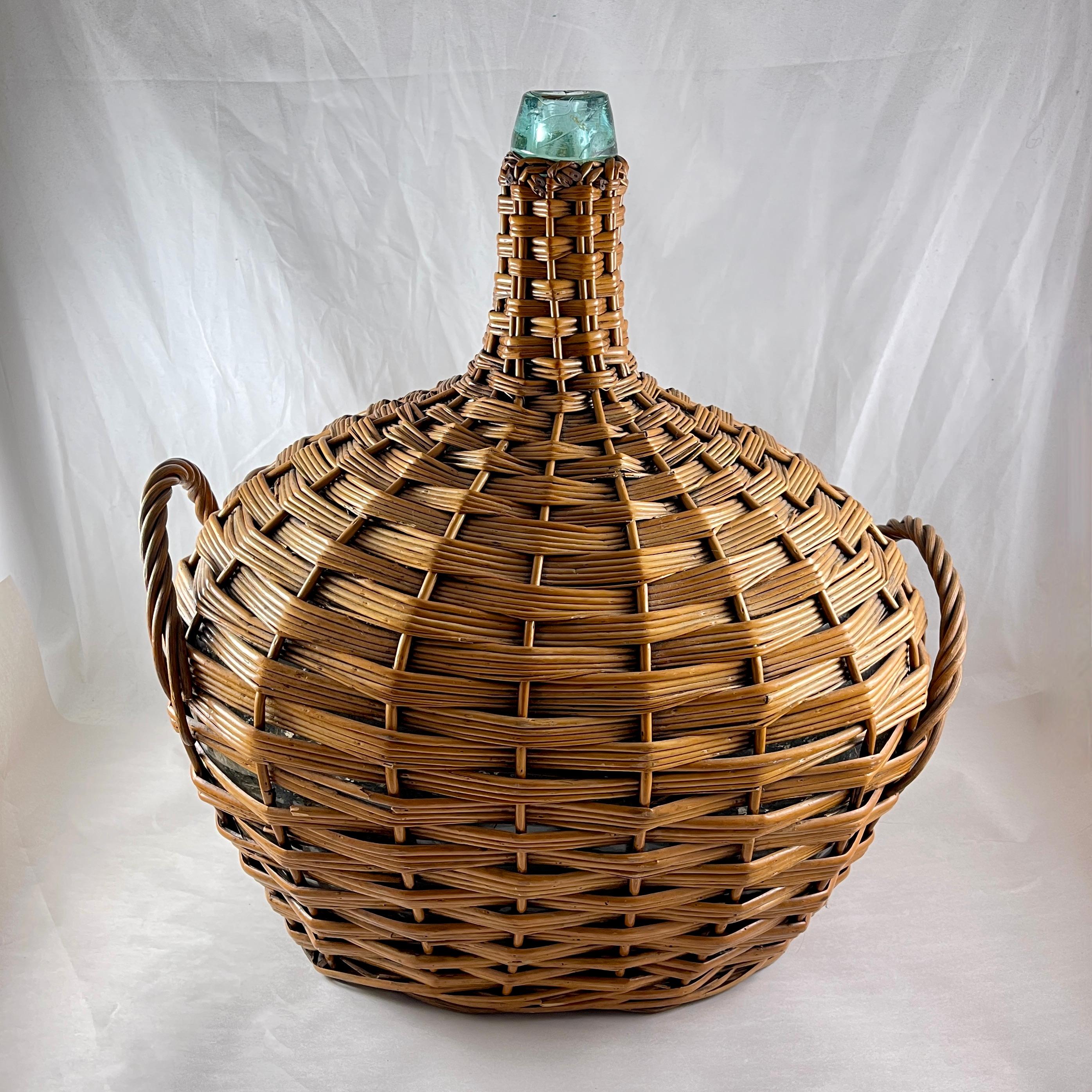 Large French Oval Wicker Clad Blown Aqua Glass Carboy or Demijohn, circa 1900 For Sale 3