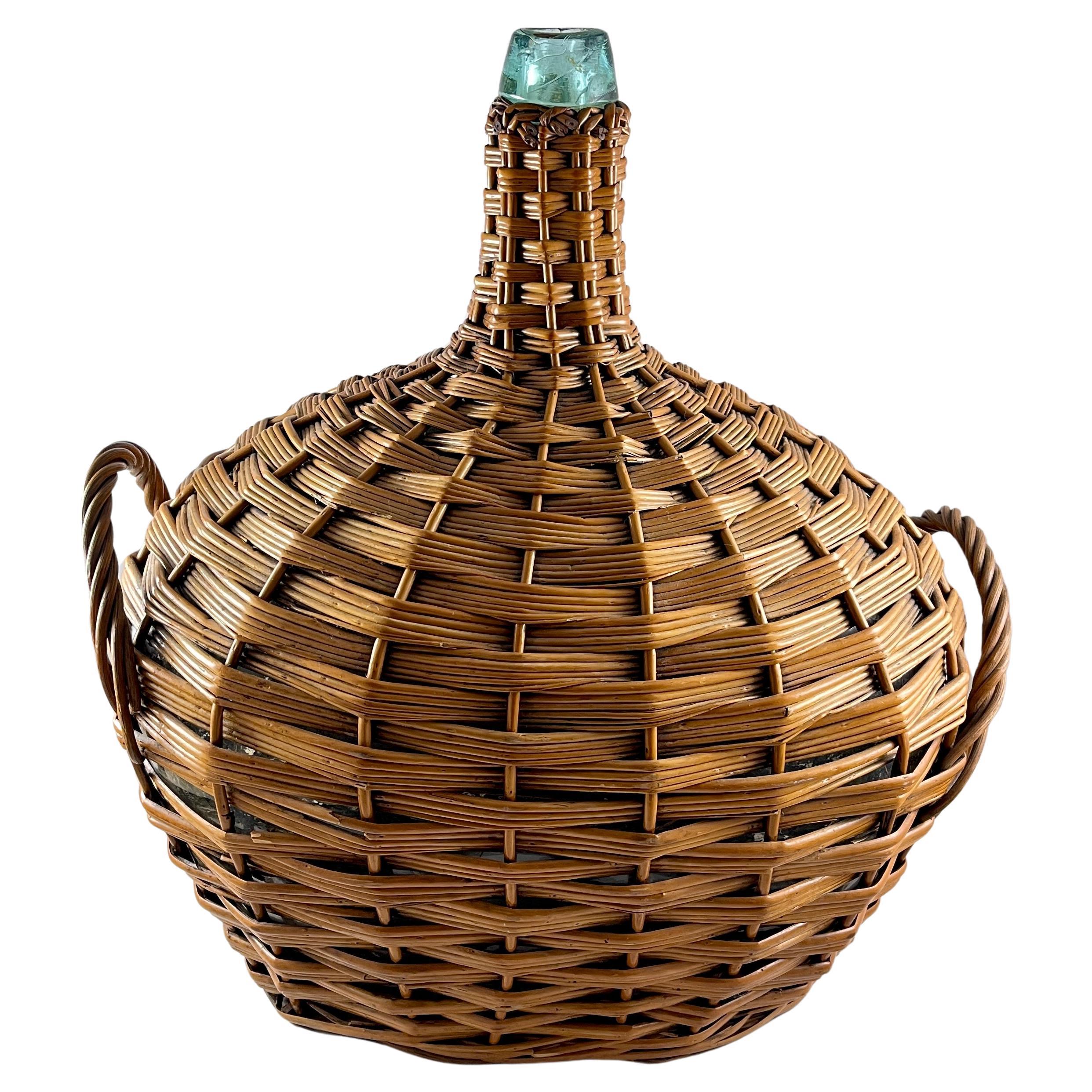 Large French Oval Wicker Clad Blown Aqua Glass Carboy or Demijohn, circa 1900