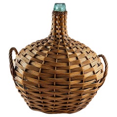 Antique Large French Oval Wicker Clad Blown Aqua Glass Carboy or Demijohn, circa 1900