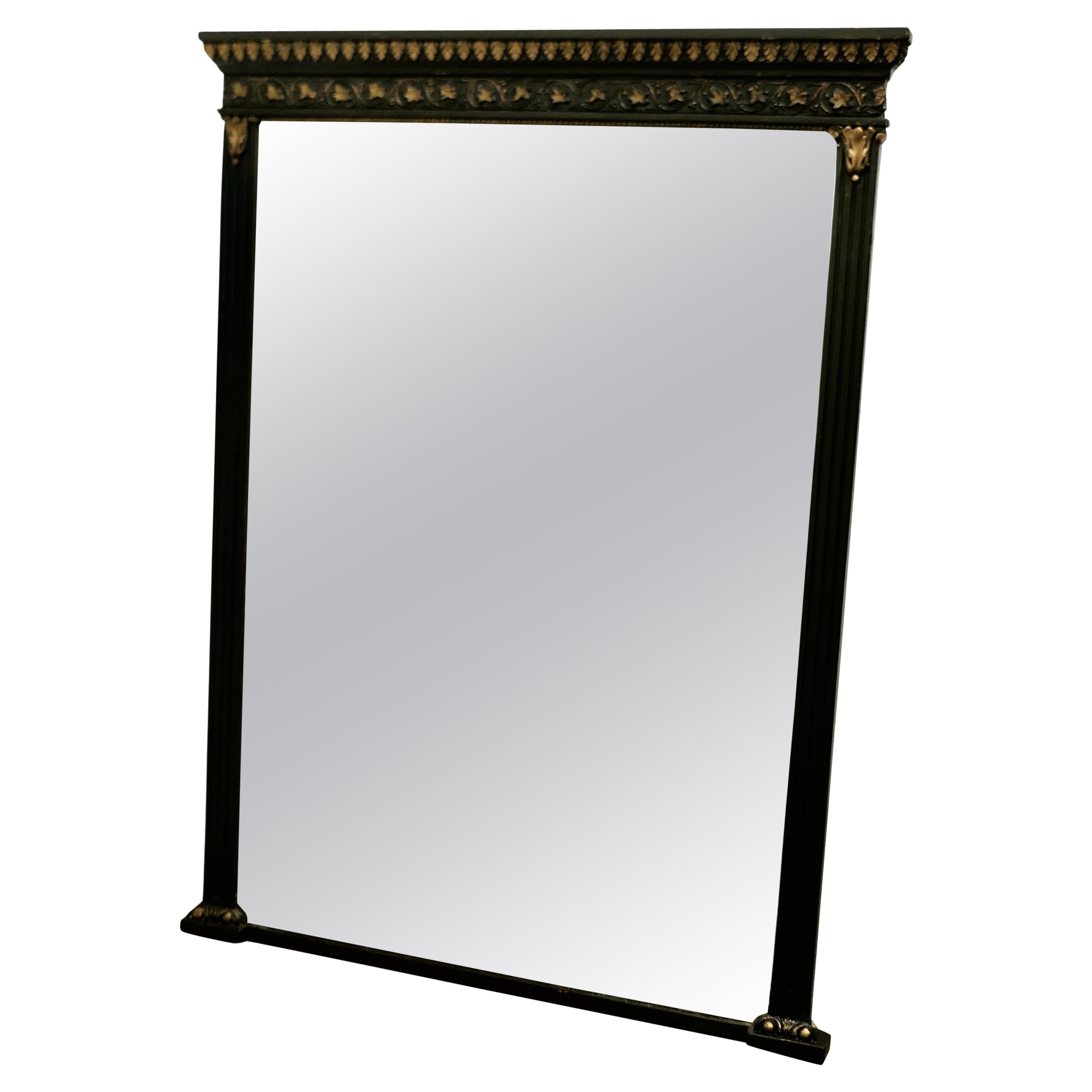 Large French Overmantel Mirror in Black with Gold Detail