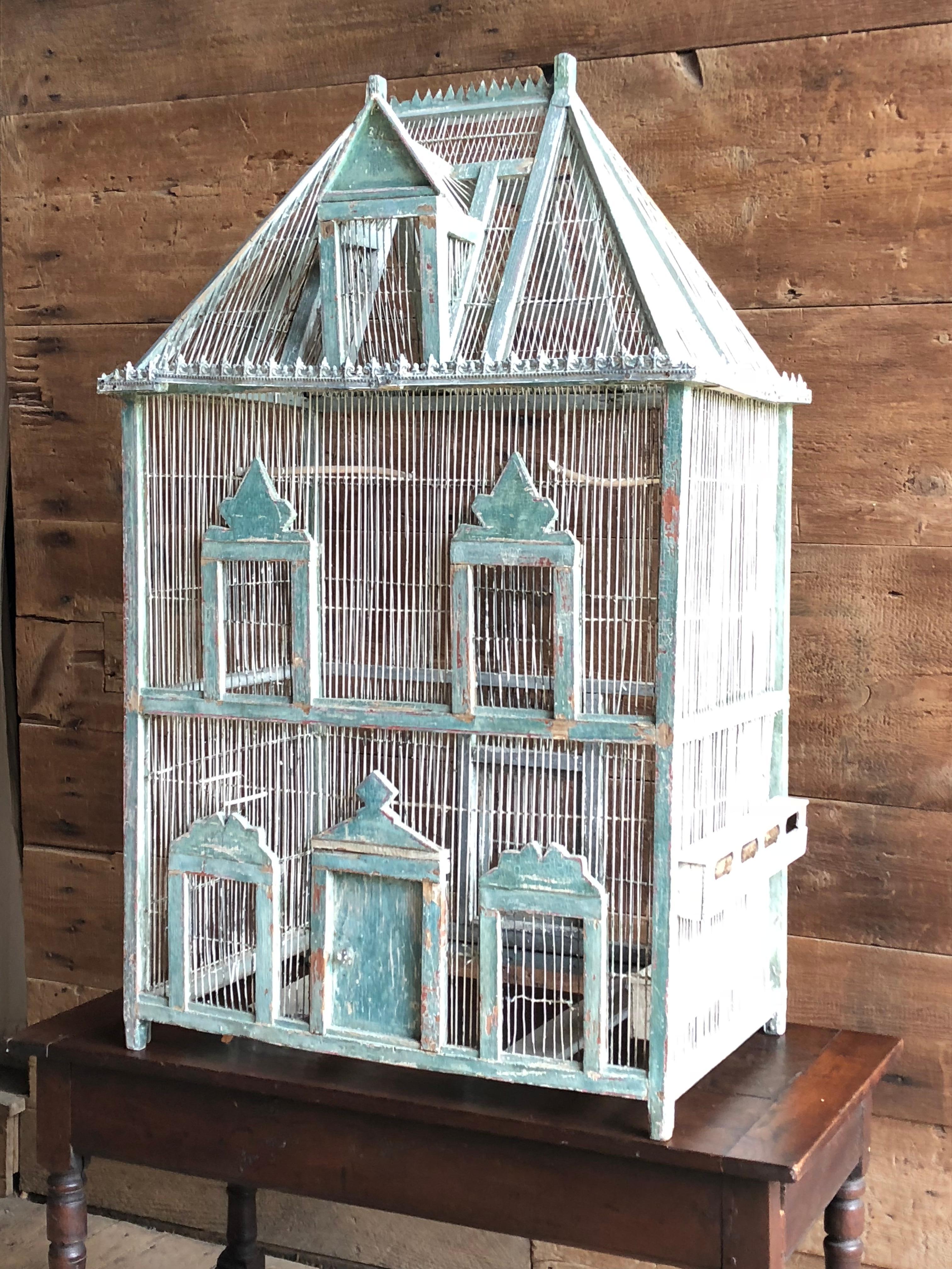 Wood Large French Painted Birdcage, 19th Century