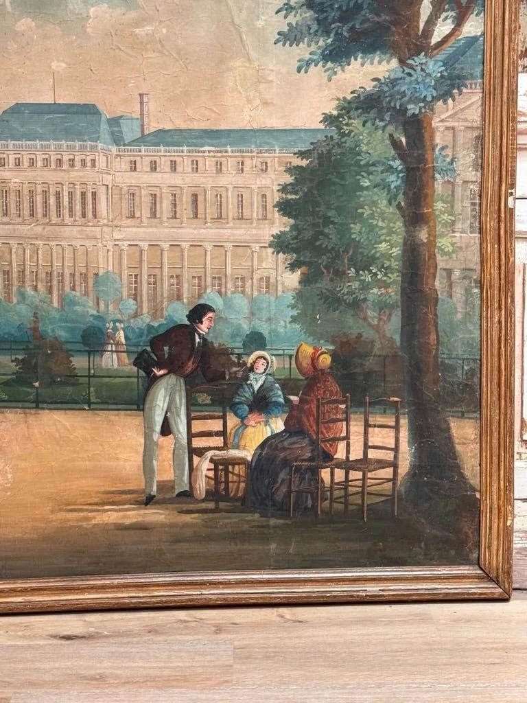 A French Painted Wallpaper Panel Depicting a wonderfully lively Parisian park scene in the Jardin des Tuileries late 18th - Early 19th Century mounted on a board and framed for hanging. Most likely by Dufour.


