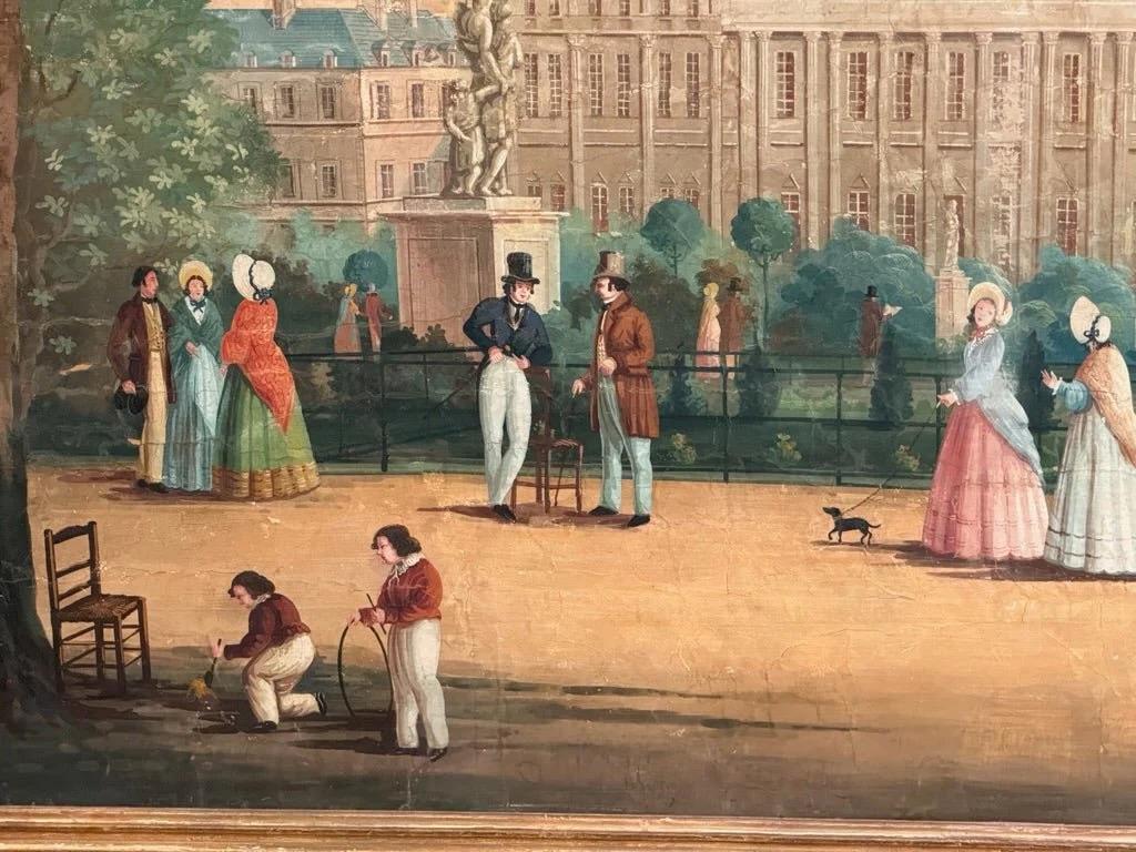 19th Century Large French Painted Wallpaper Panel, Jardin des Tuileries, Paris - Dufour