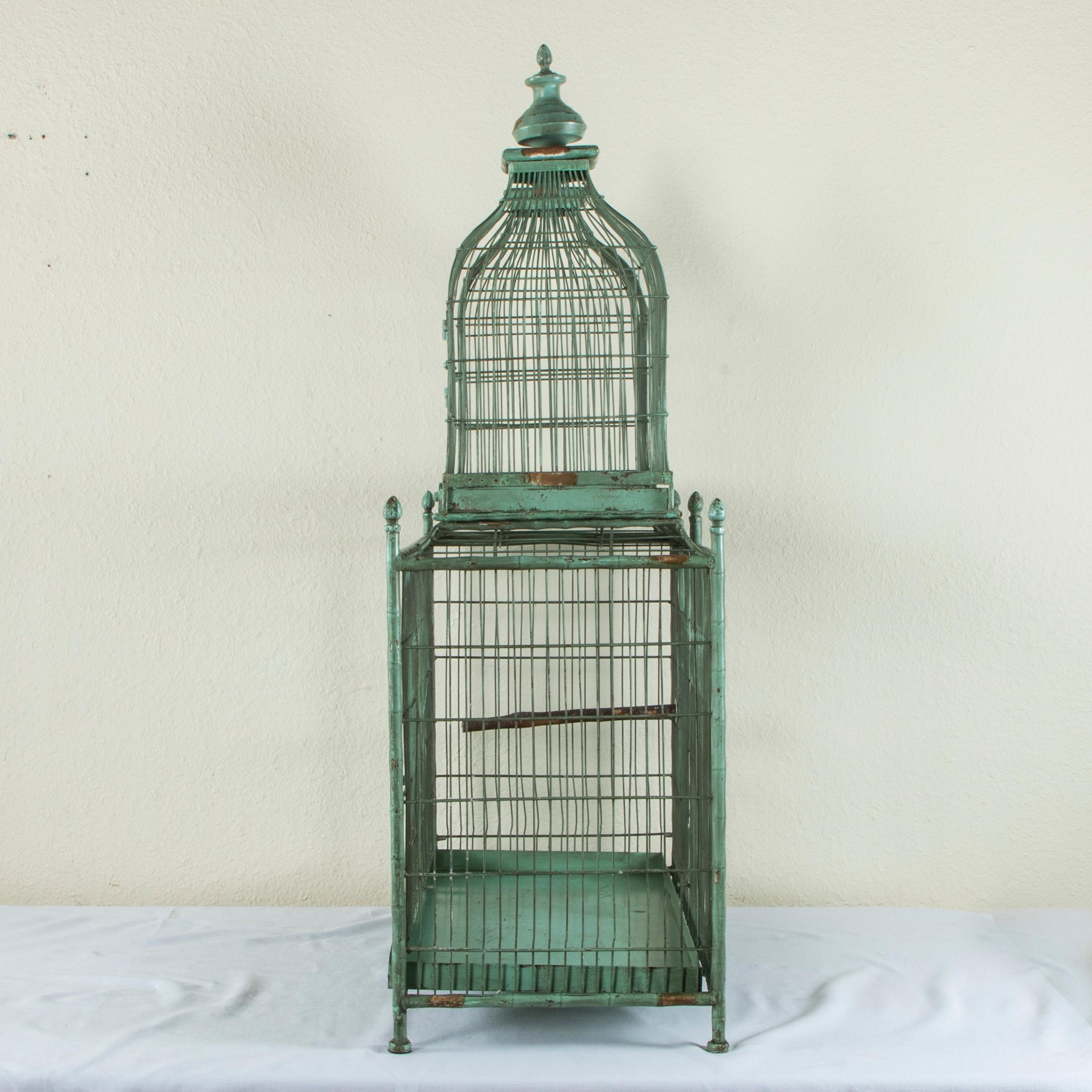 Large French Painted Wood and Iron Birdcage with Three Compartments C. 1900 In Good Condition In Fayetteville, AR