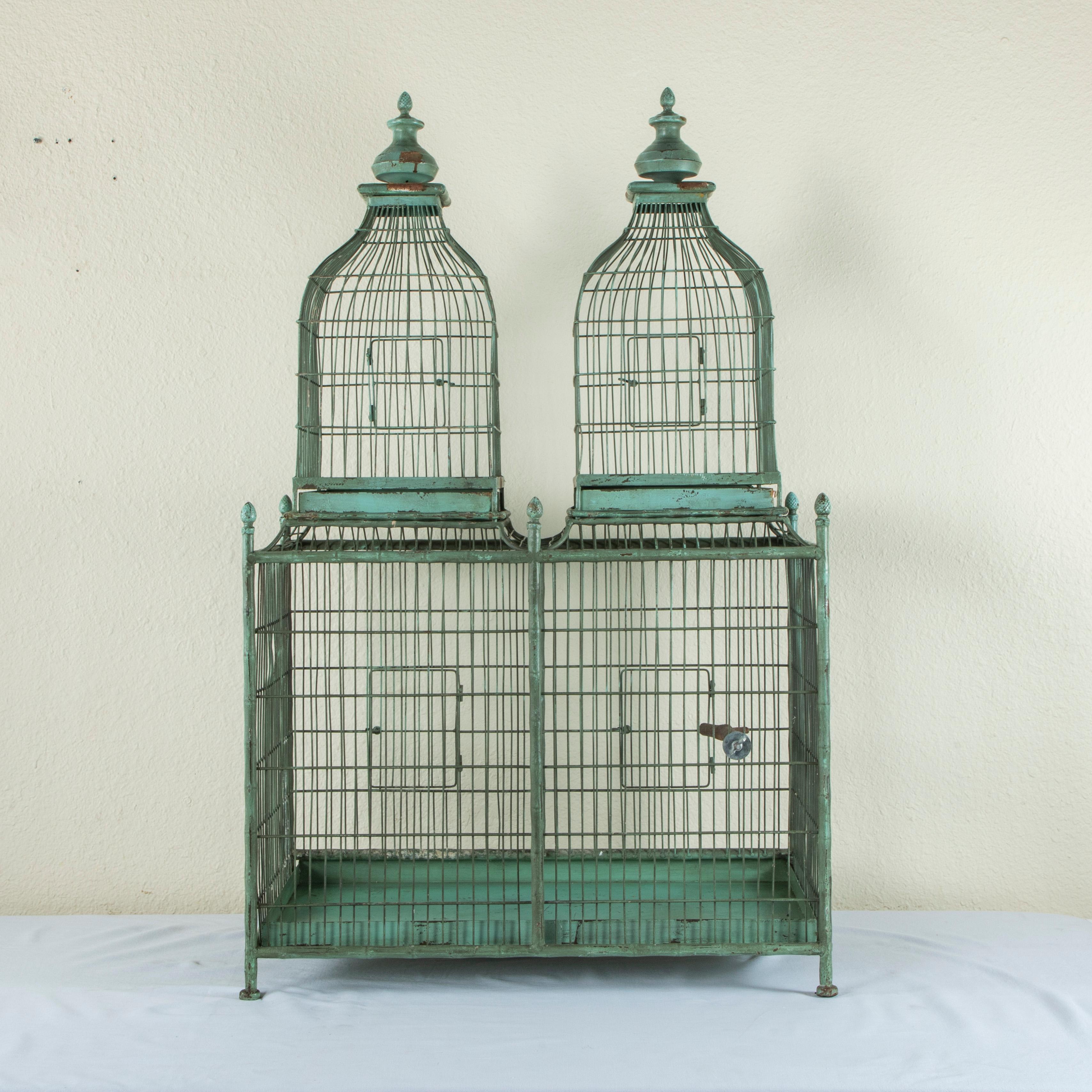 19th Century Large French Painted Wood and Iron Birdcage with Three Compartments C. 1900