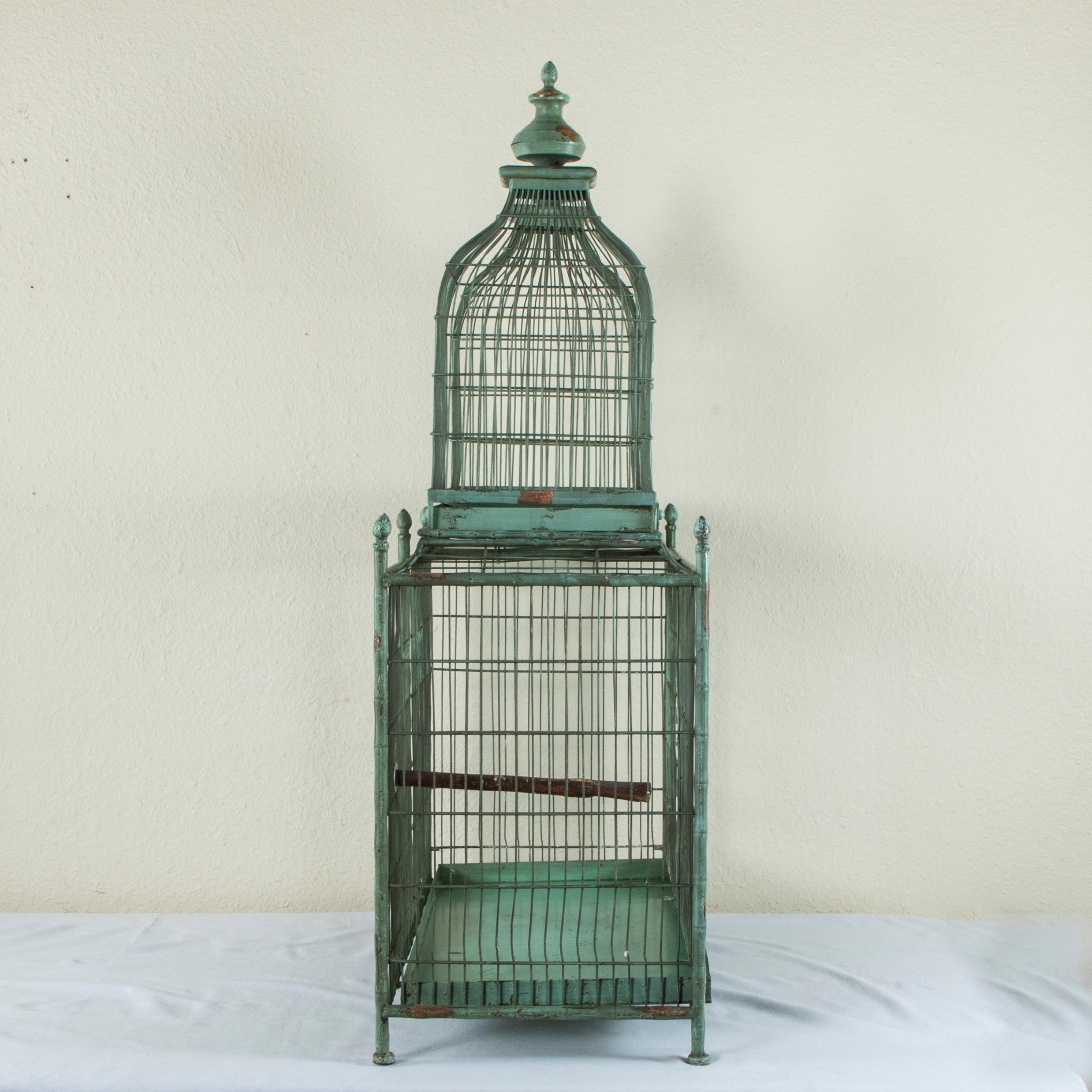 Large French Painted Wood and Iron Birdcage with Three Compartments C. 1900 1