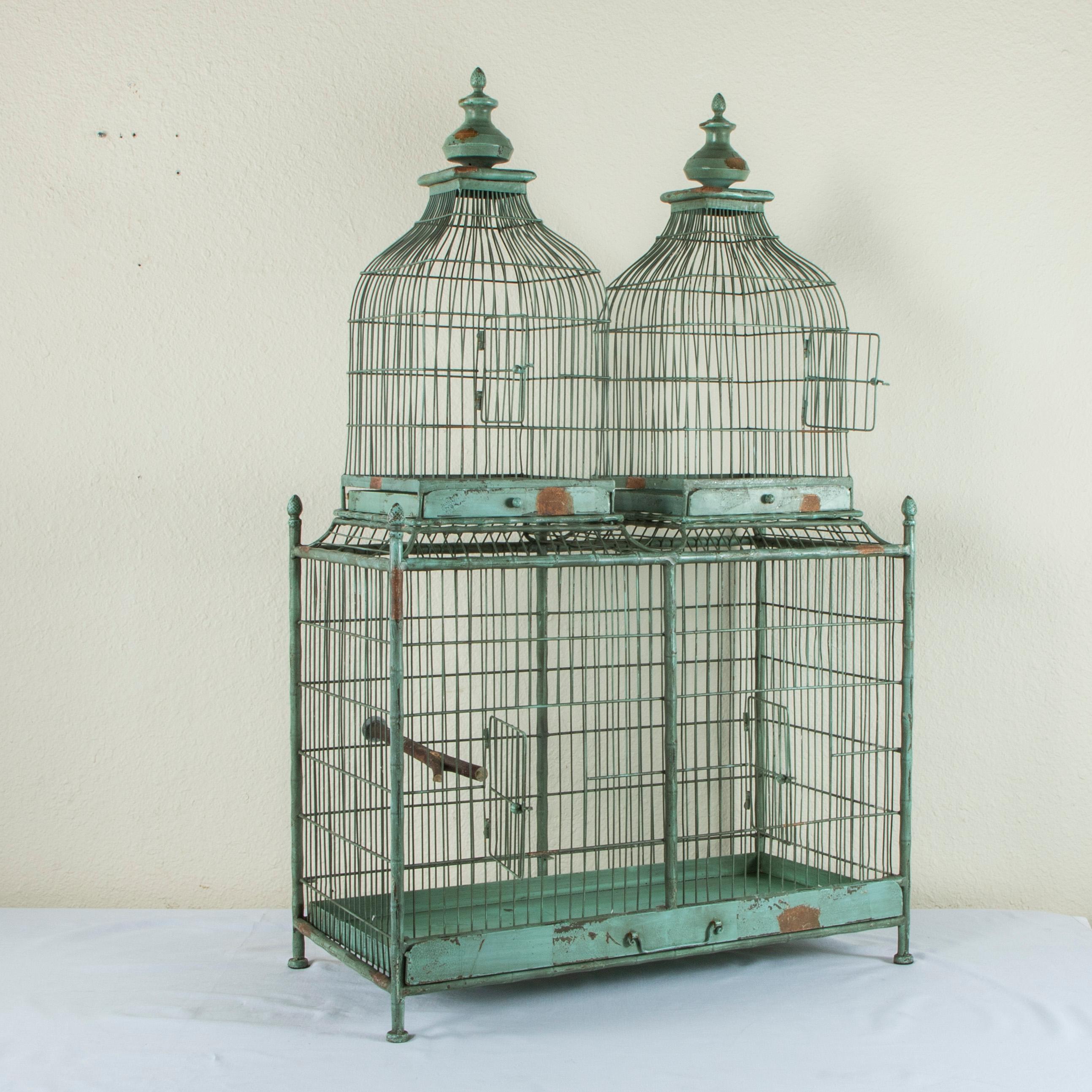 Large French Painted Wood and Iron Birdcage with Three Compartments C. 1900 2