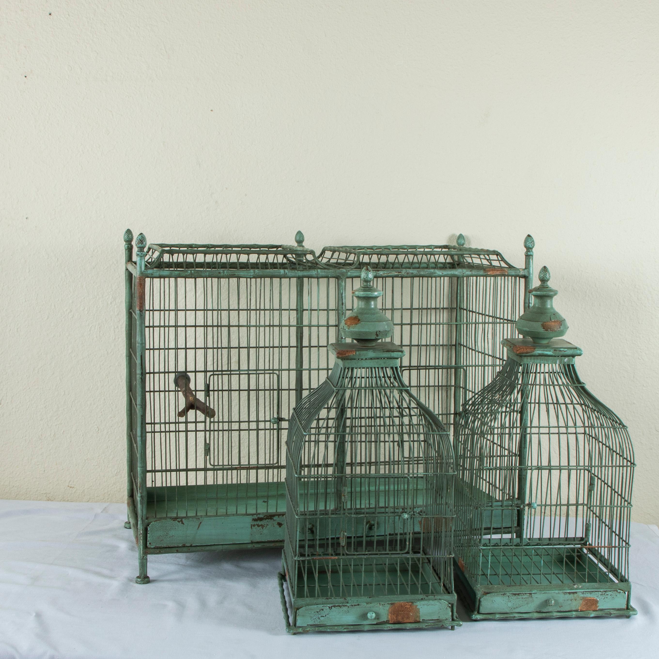 Large French Painted Wood and Iron Birdcage with Three Compartments C. 1900 5