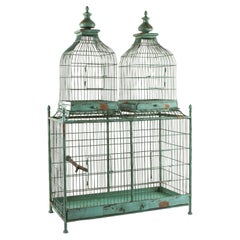 Large French Painted Wood and Iron Birdcage with Three Compartments C. 1900