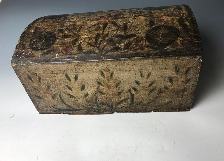 18th Century Large French Painted Wood  Antique Folk Art Box Decorative Antiques For Sale