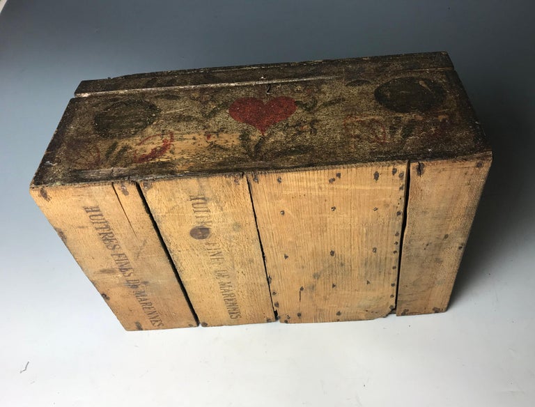 Large French Painted Wood  Antique Folk Art Box Decorative Antiques For Sale 2