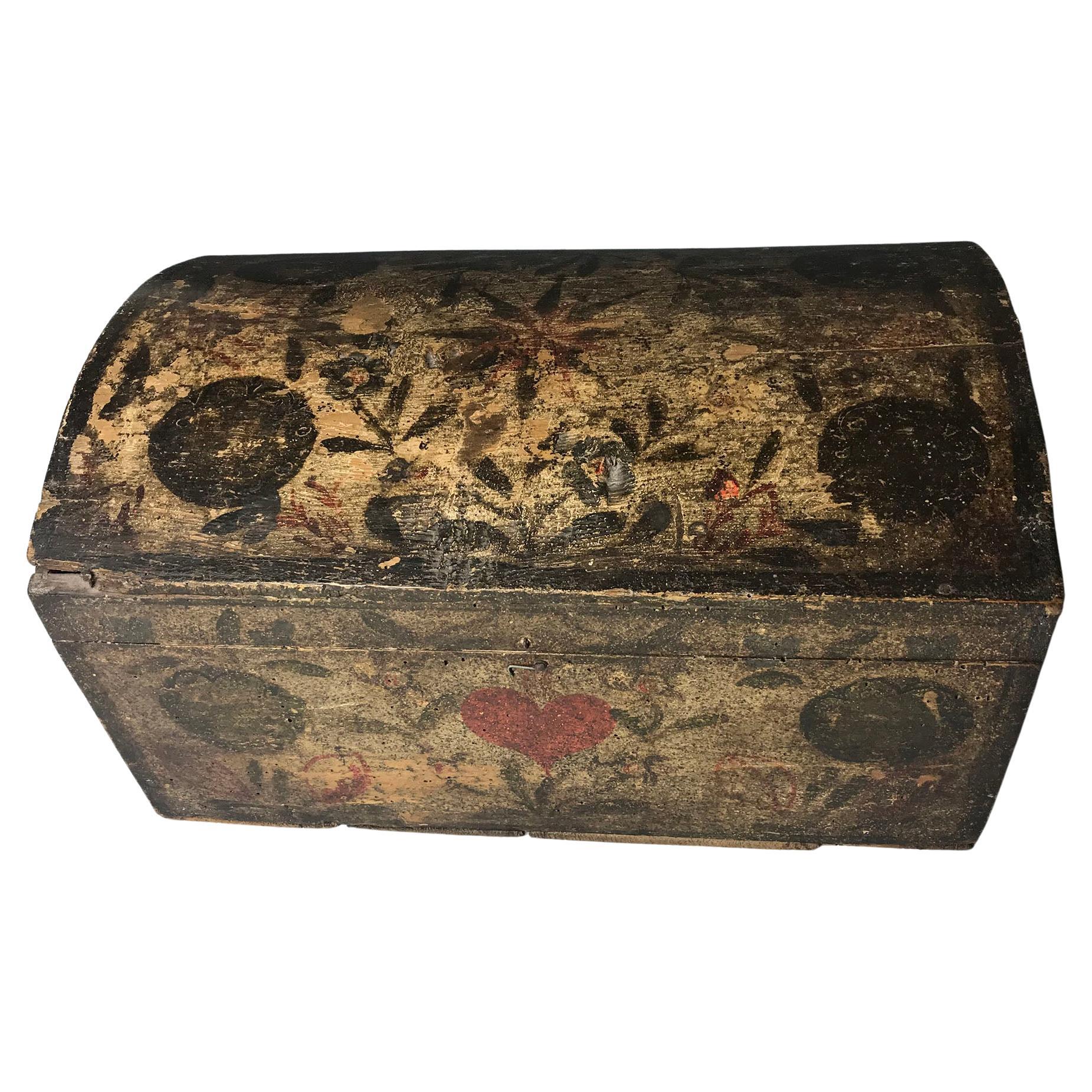 Large French Painted Wood  Antique Folk Art Box Decorative Antiques