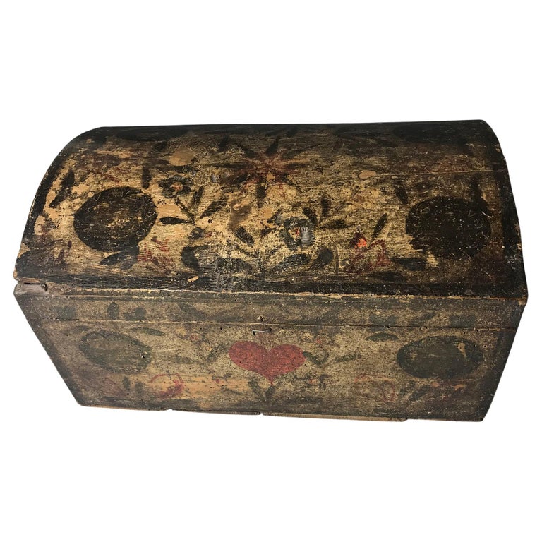 Large French Painted Wood  Antique Folk Art Box Decorative Antiques For Sale