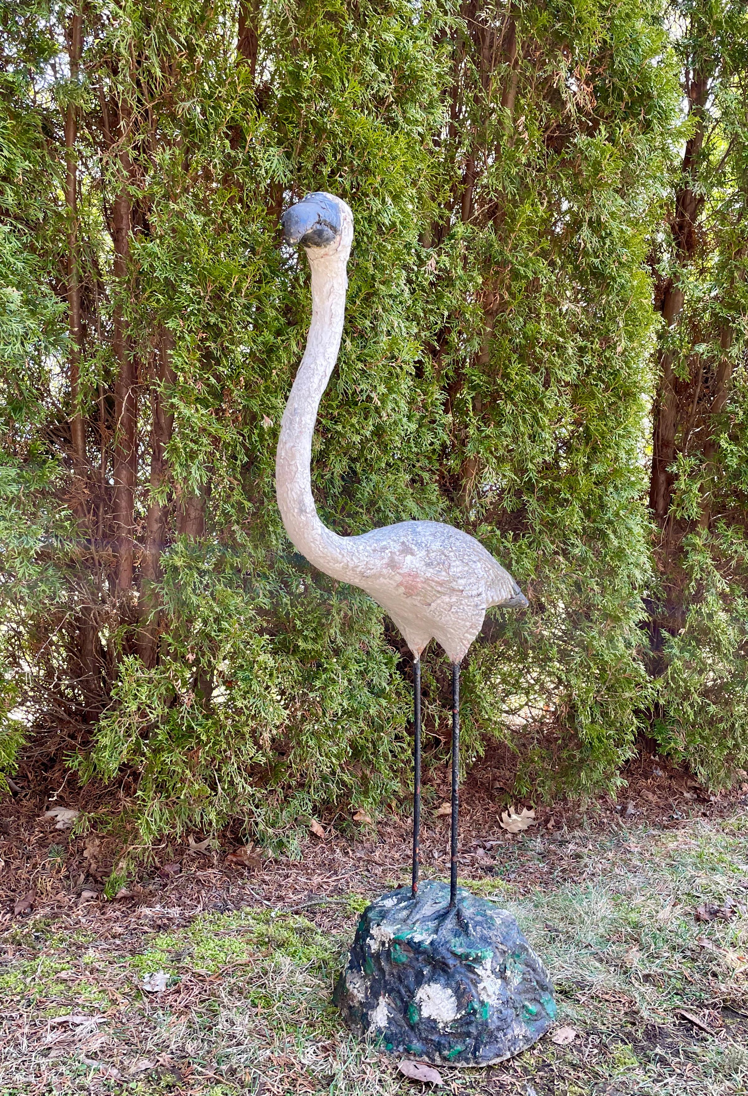 We jumped at the chance to buy this grouping of three French flamingos, and this is the pale pink and white flamingo with a black beak. Made of cast stone with iron legs, and very solid, he cuts a dashing figure with a beautiful weathered surface