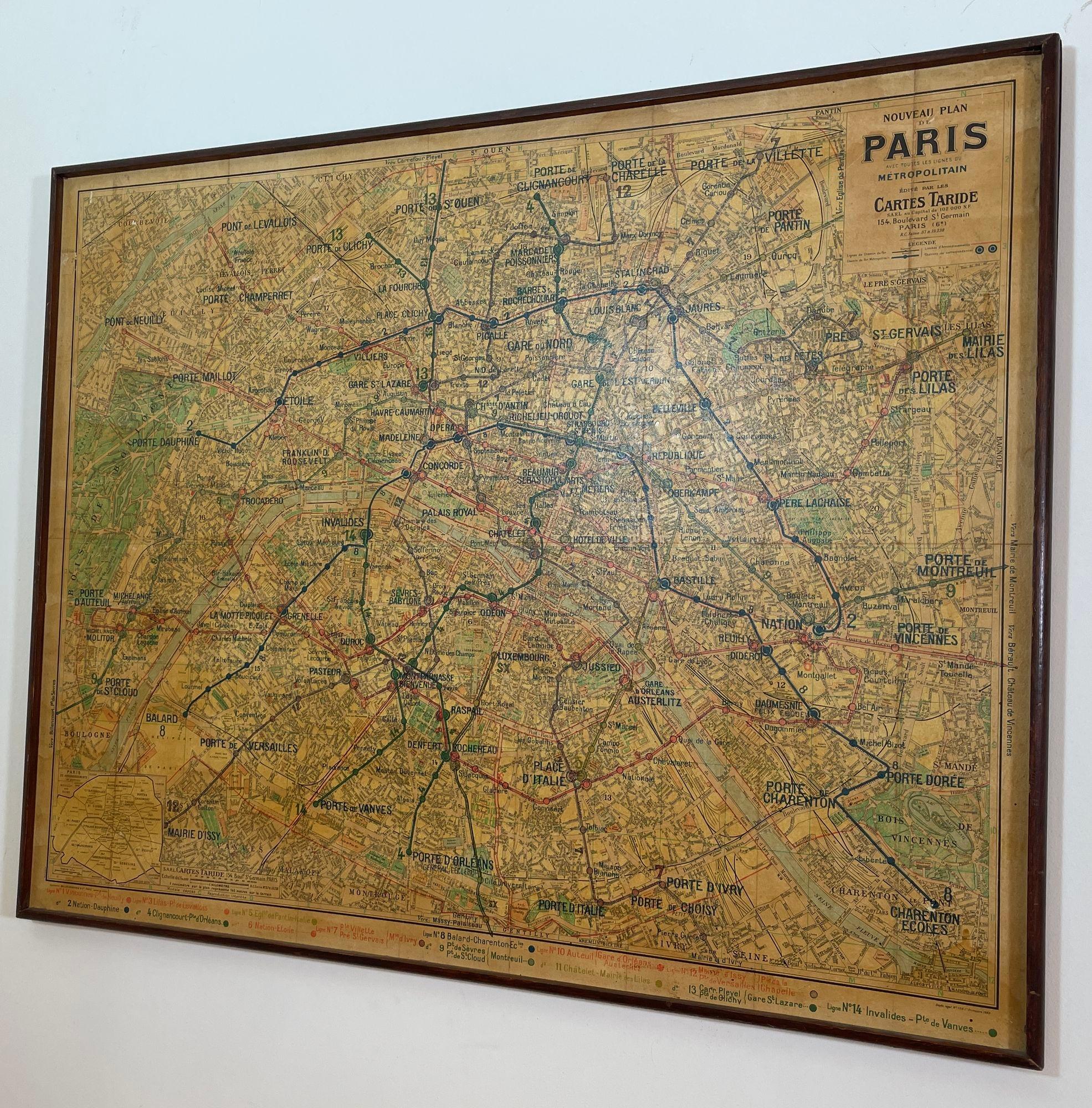 Large French Paris Metro Map 1960s In Good Condition For Sale In North Hollywood, CA
