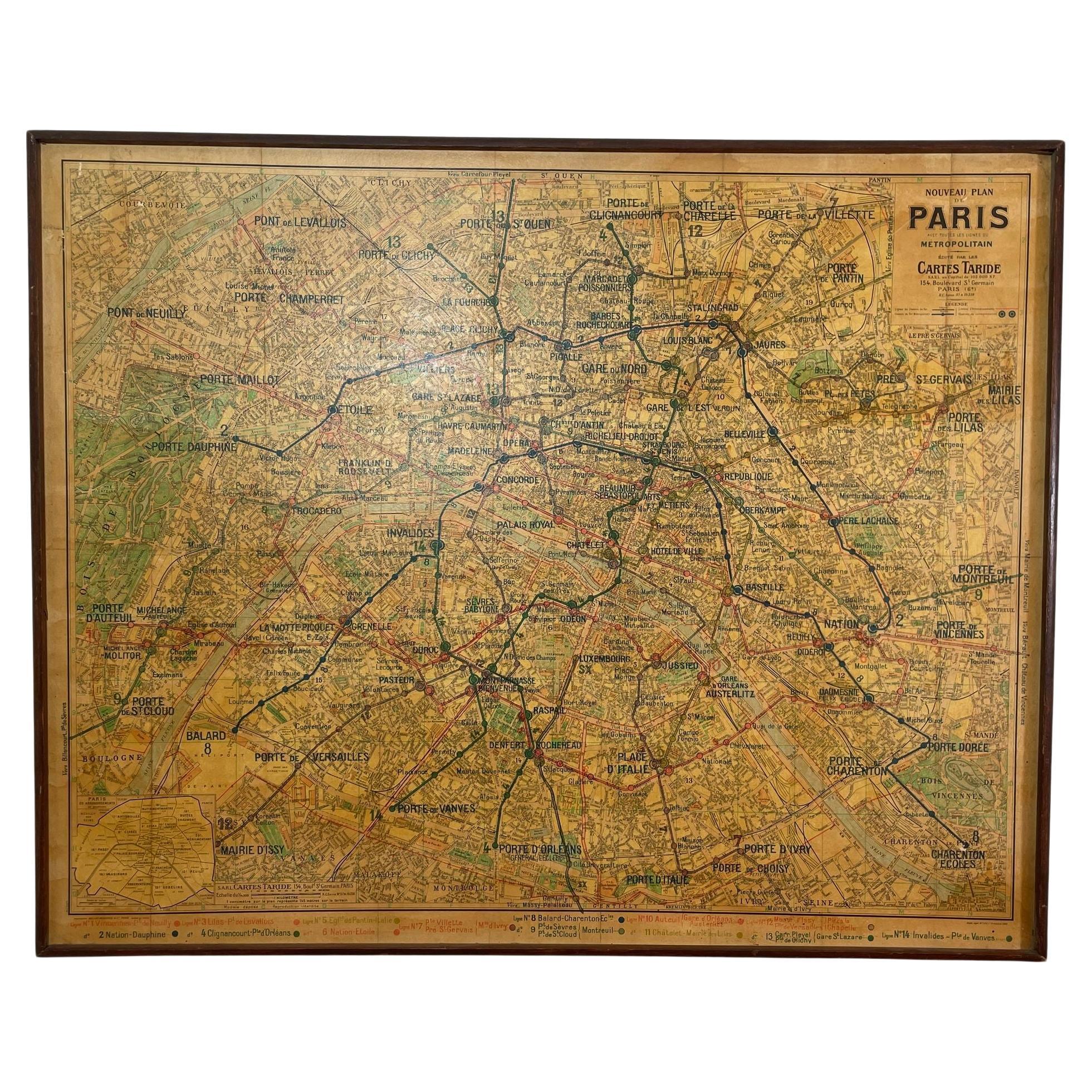 Large French Paris Metro Map 1960s For Sale