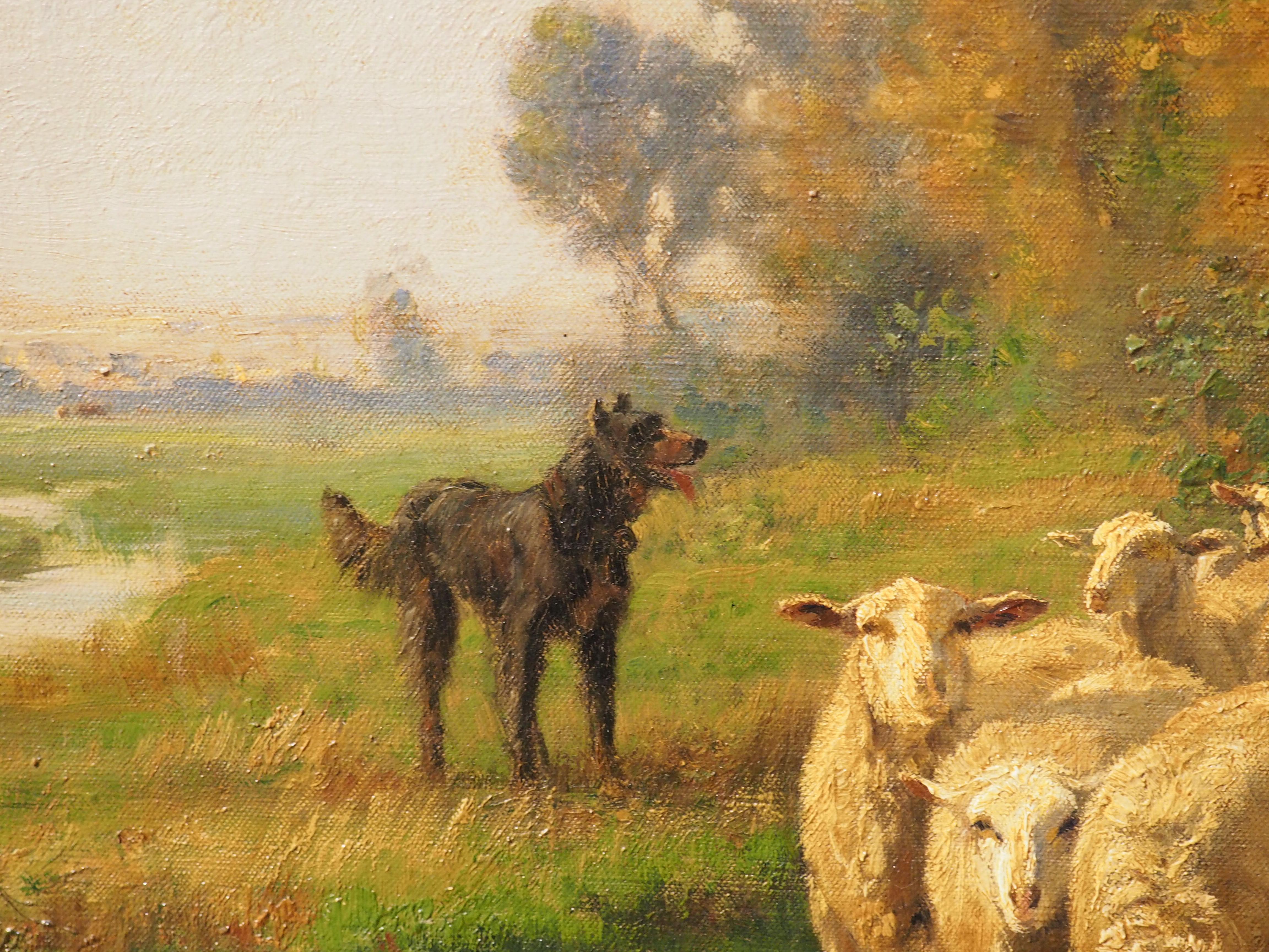 Grande olio pastorale francese su tela di Adolphe Marais 1856-1940, H. H. 64 3/8