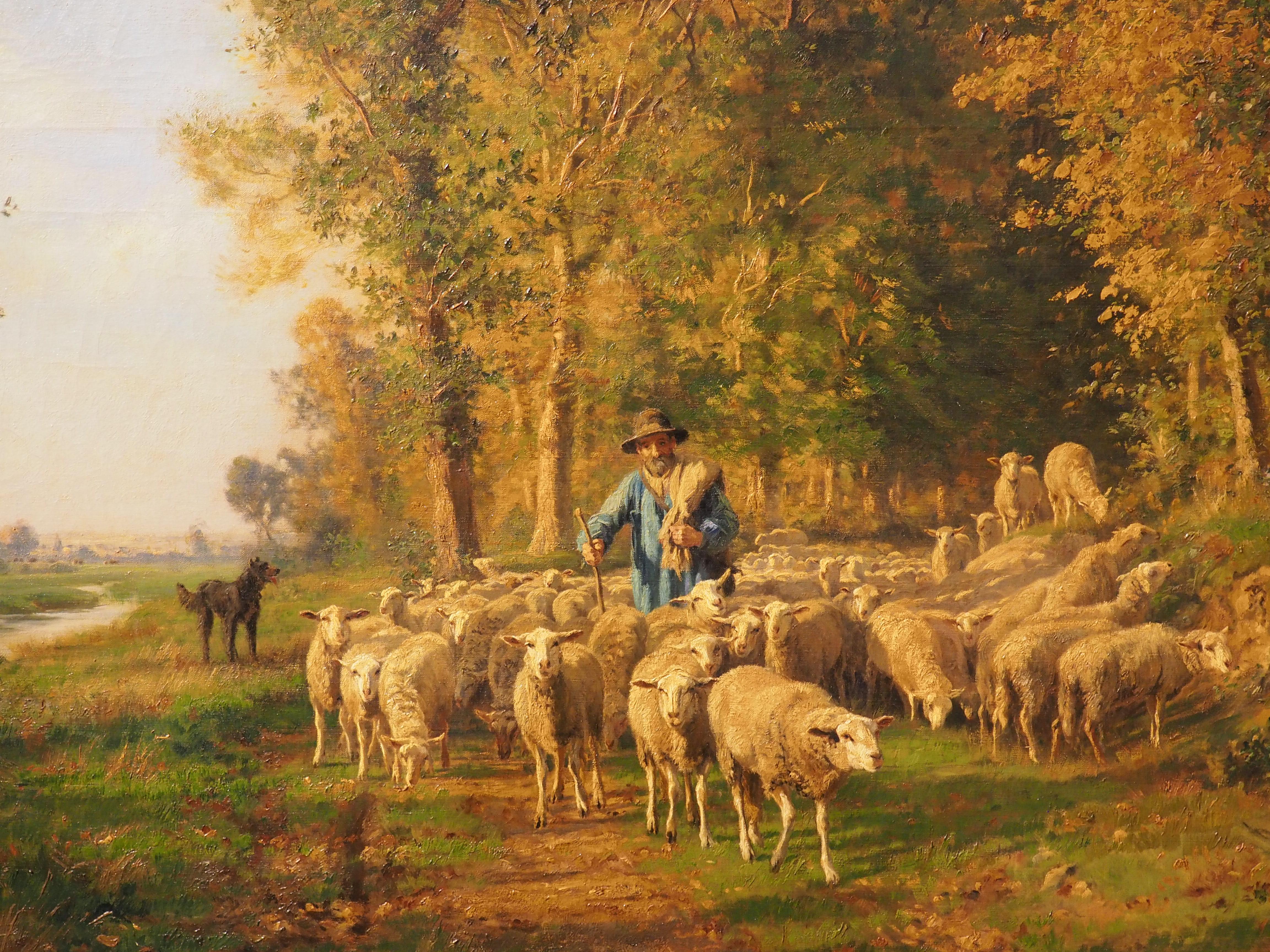 Hand-Painted Large French Pastoral Oil on Canvas by Adolphe Marais 1856-1940, H-64 3/8 Inches For Sale