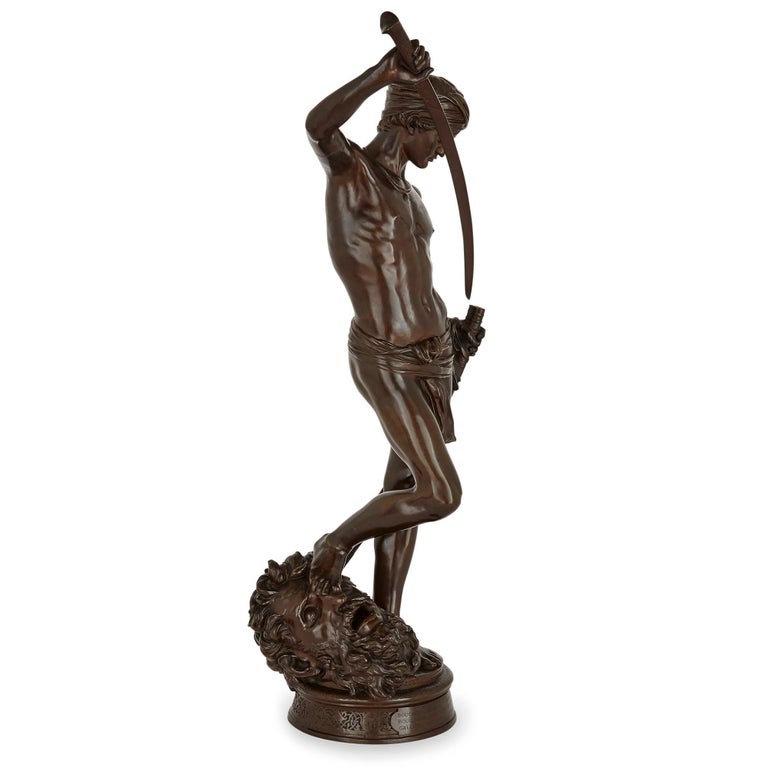 Renaissance Large French Patinated Bronze Sculpture of David by Mercié and Barbedienne For Sale