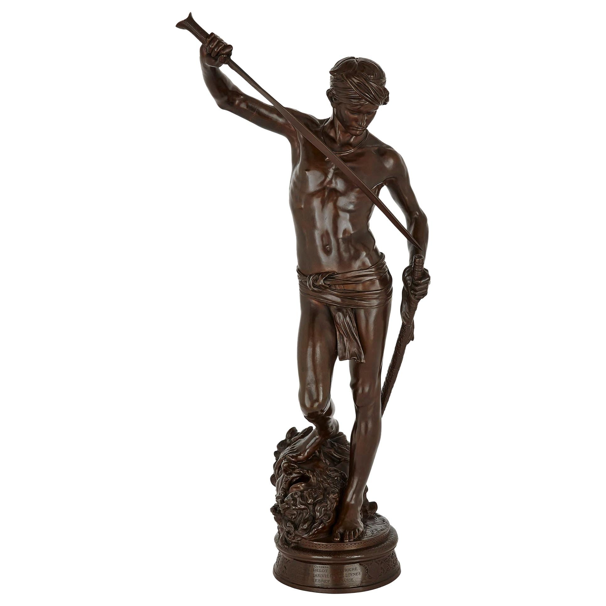 Large French Patinated Bronze Sculpture of David by Mercié and Barbedienne