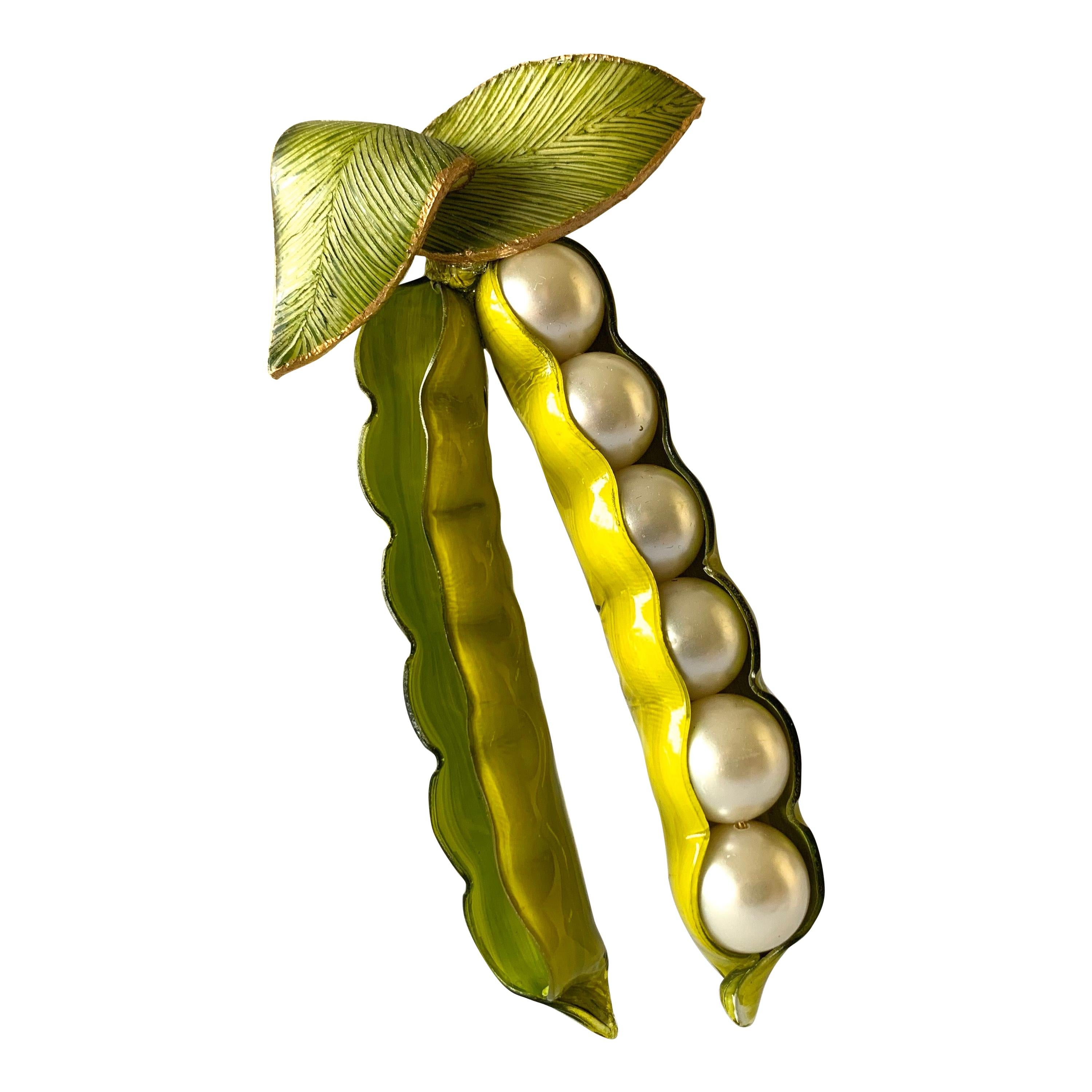 Large French Pea-pod Faux Pearl Brooch 