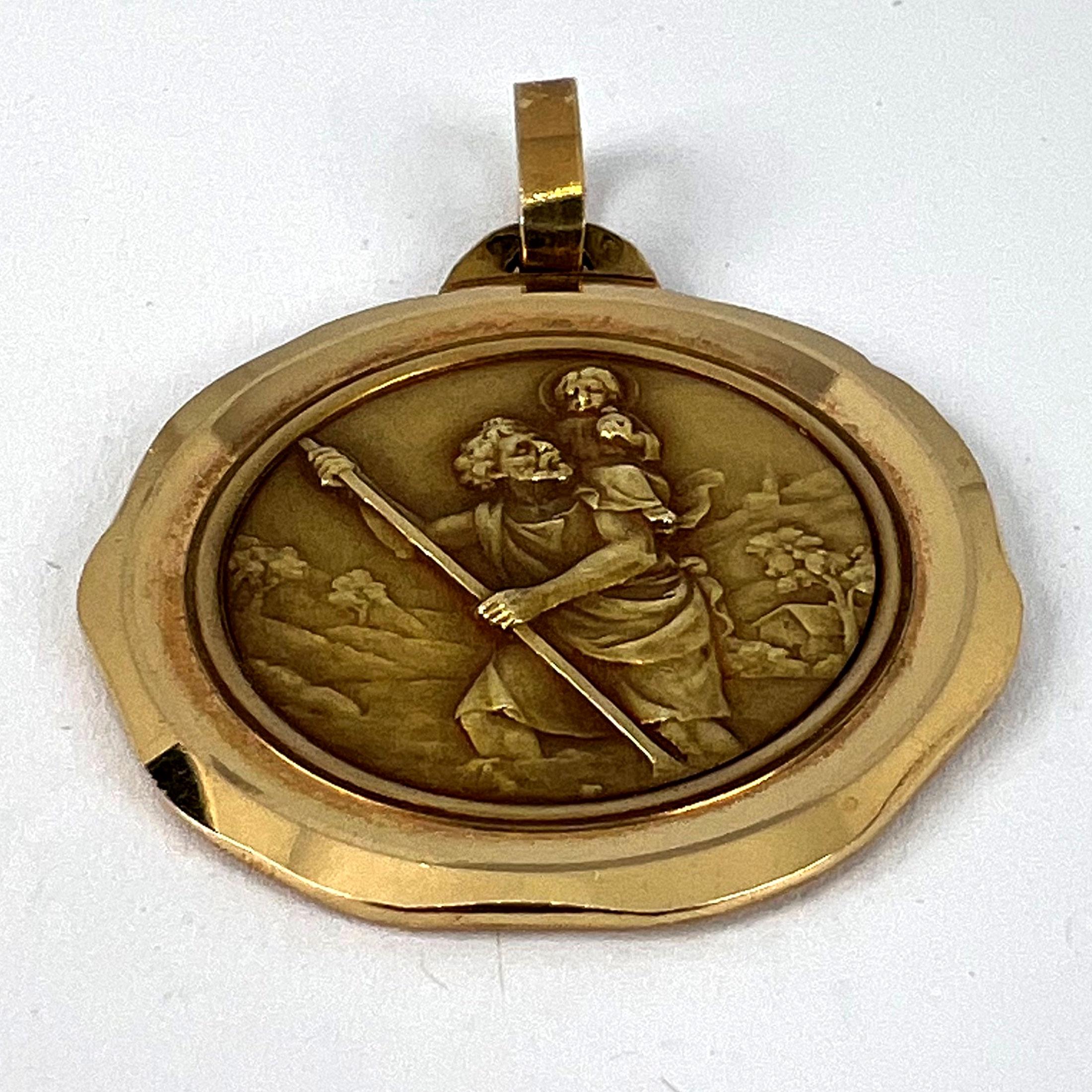 Large French Perriat Saint Christopher 18K Yellow Gold Pendant Medal For Sale 10