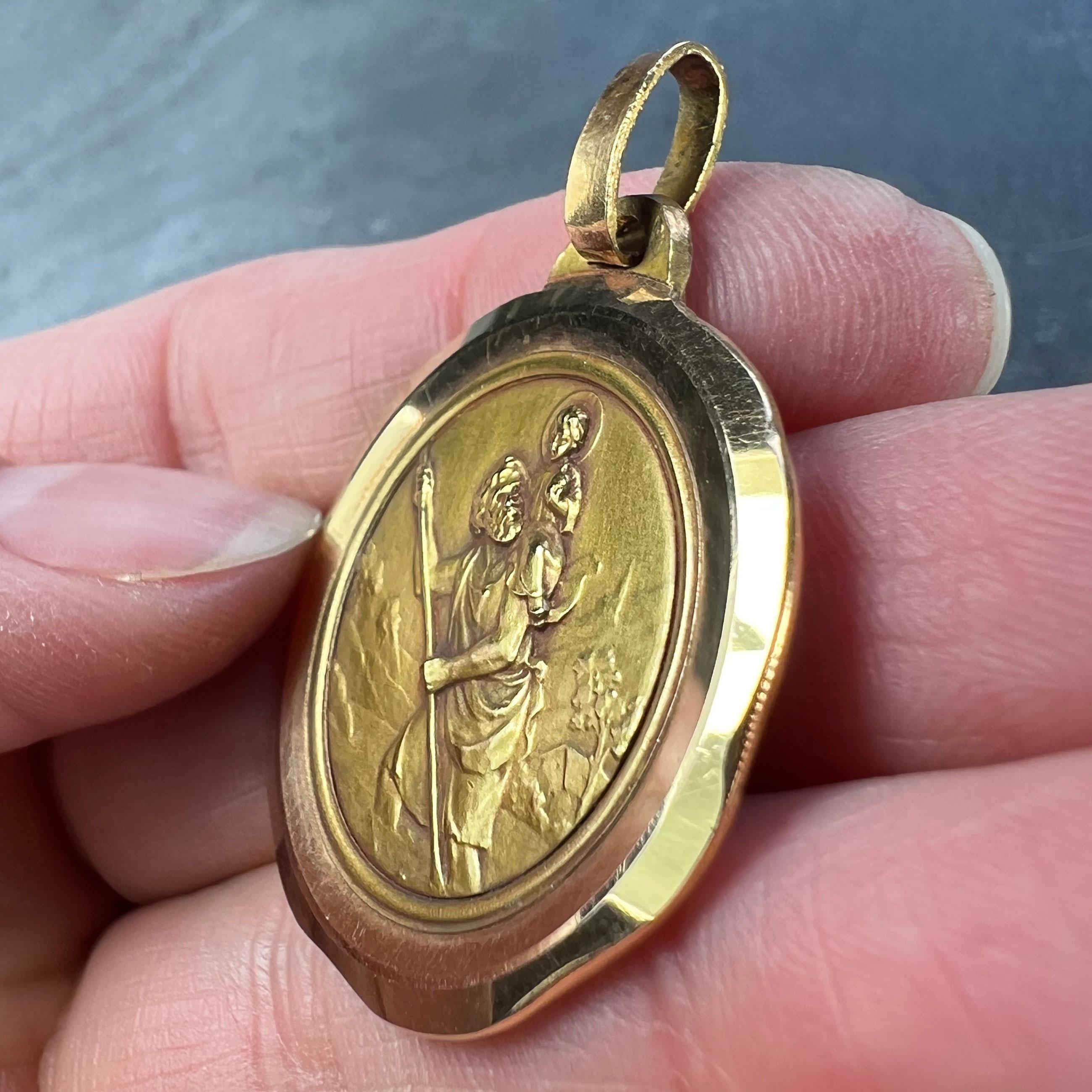 Large French Perriat Saint Christopher 18K Yellow Gold Pendant Medal For Sale 3