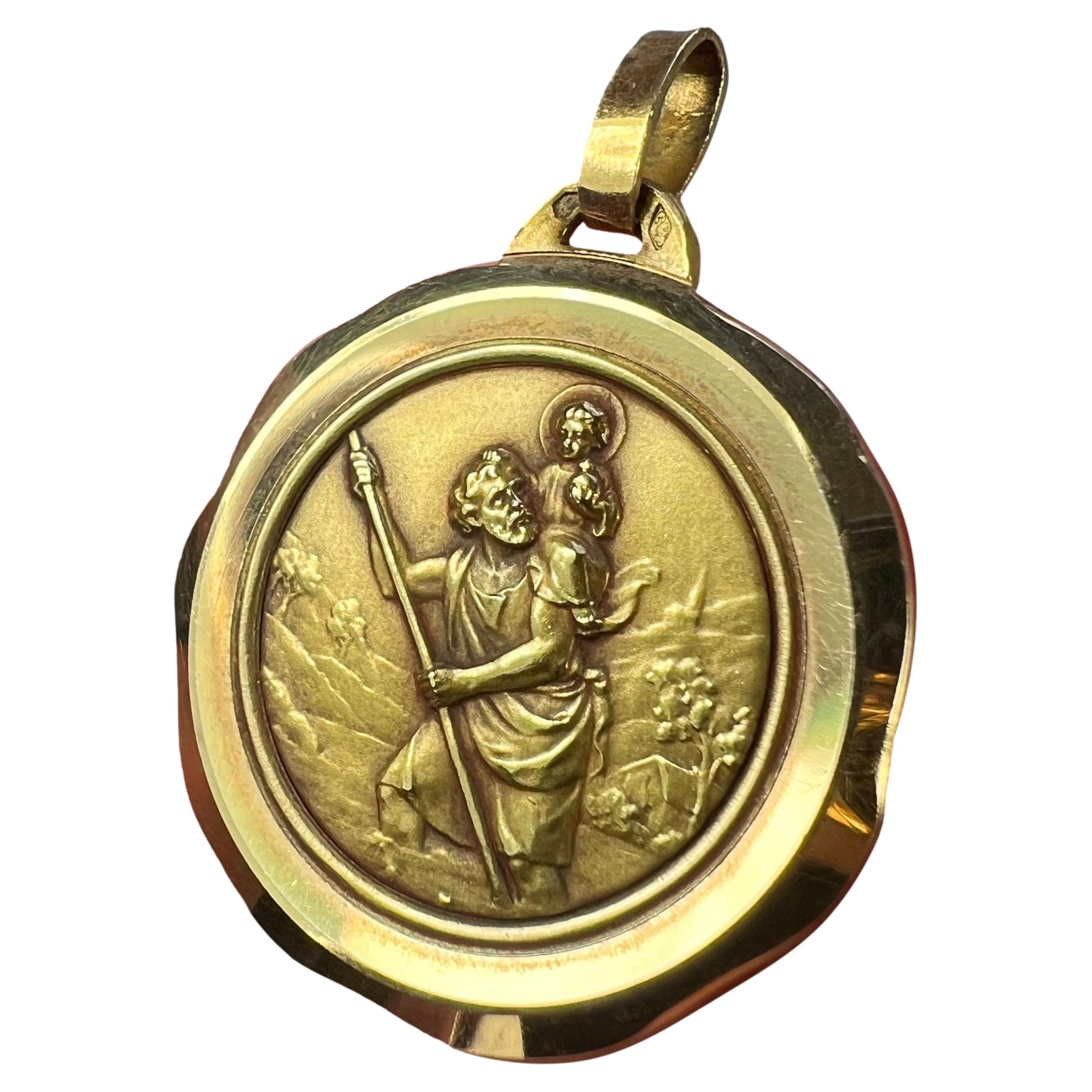 Large French Perriat Saint Christopher 18K Yellow Gold Pendant Medal For Sale
