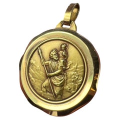 Large French Perriat Saint Christopher 18K Yellow Gold Pendant Medal