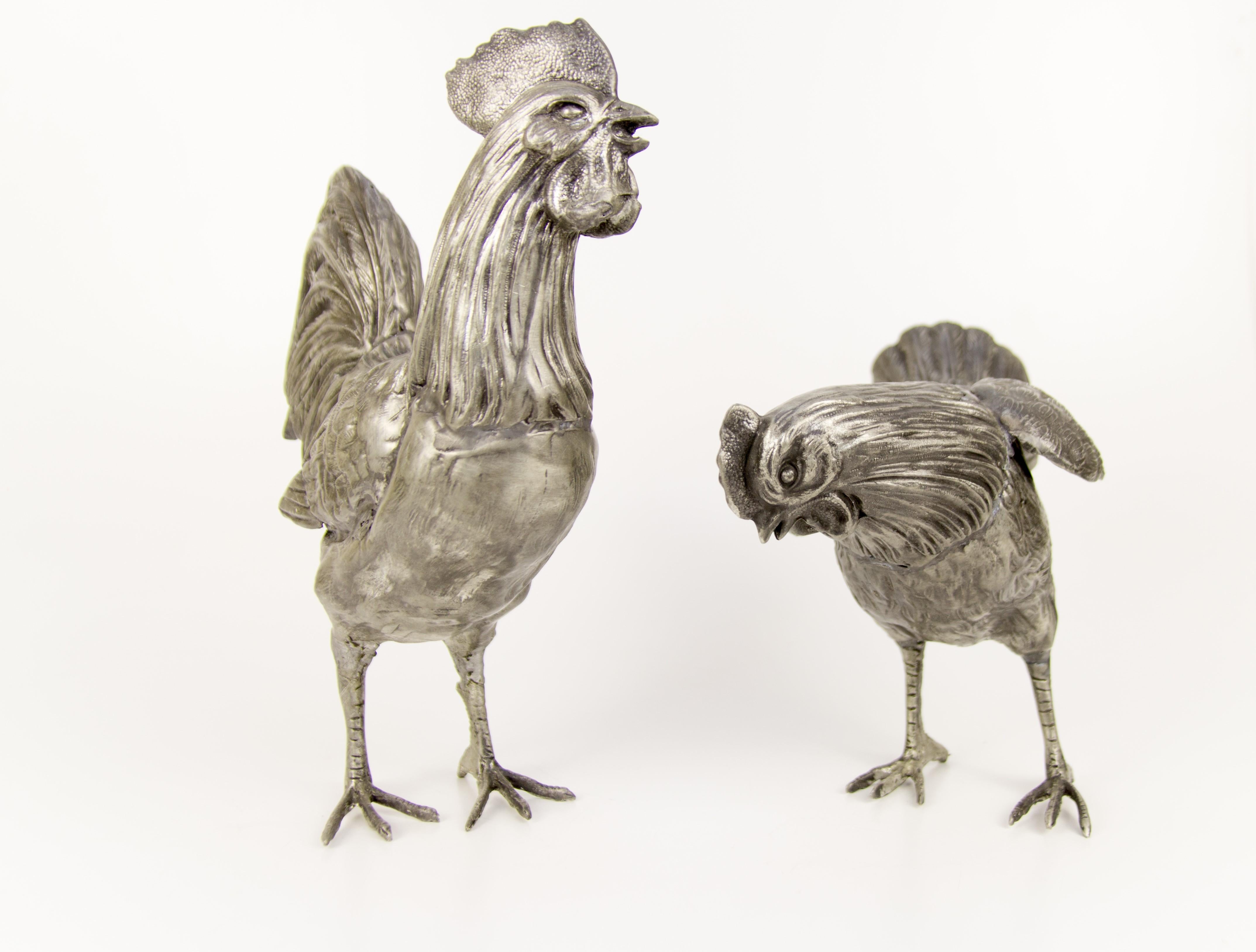 Large French Pewter Rooster and Chicken Sculptures 3