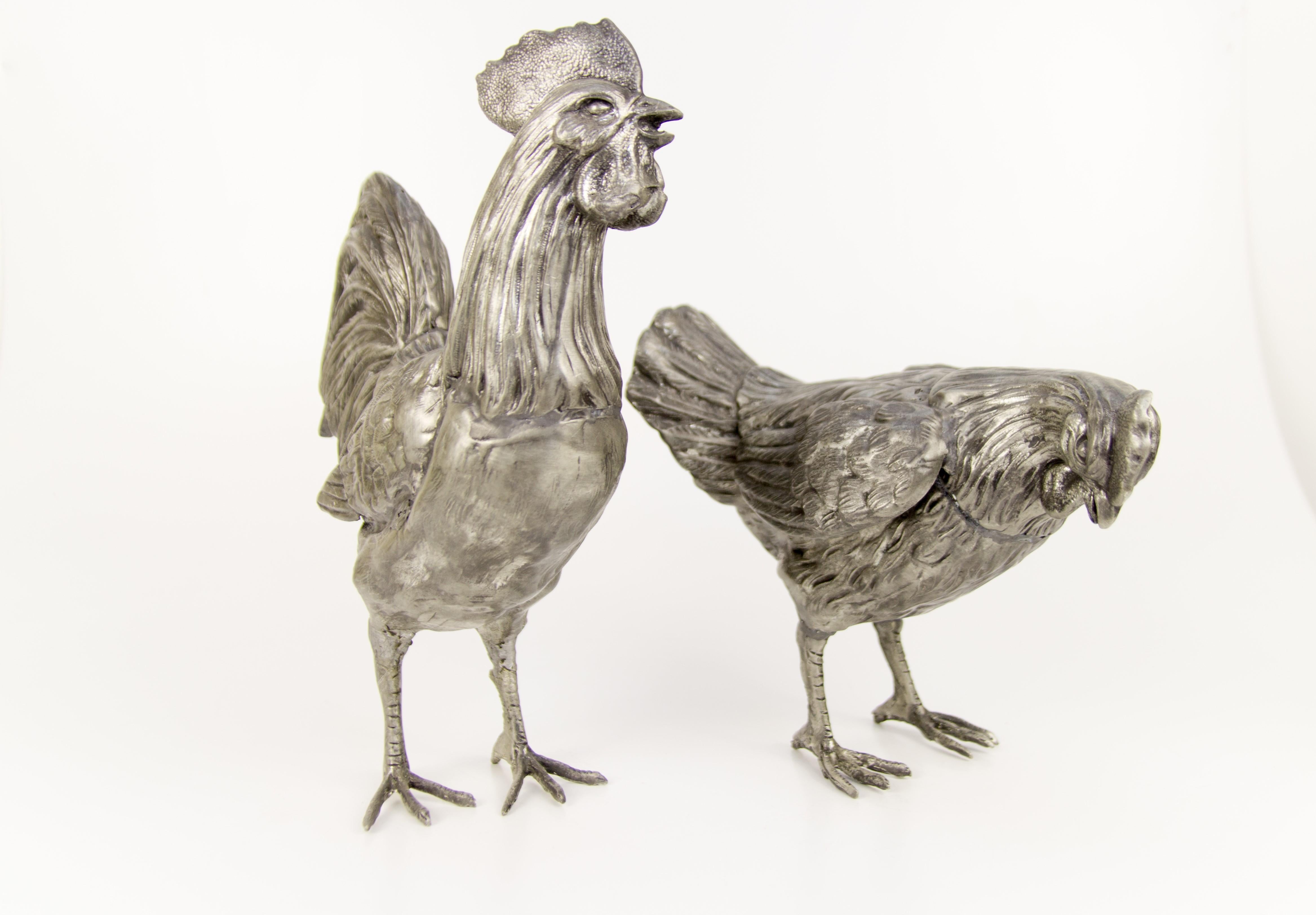 Large French Pewter Rooster and Chicken Sculptures 4