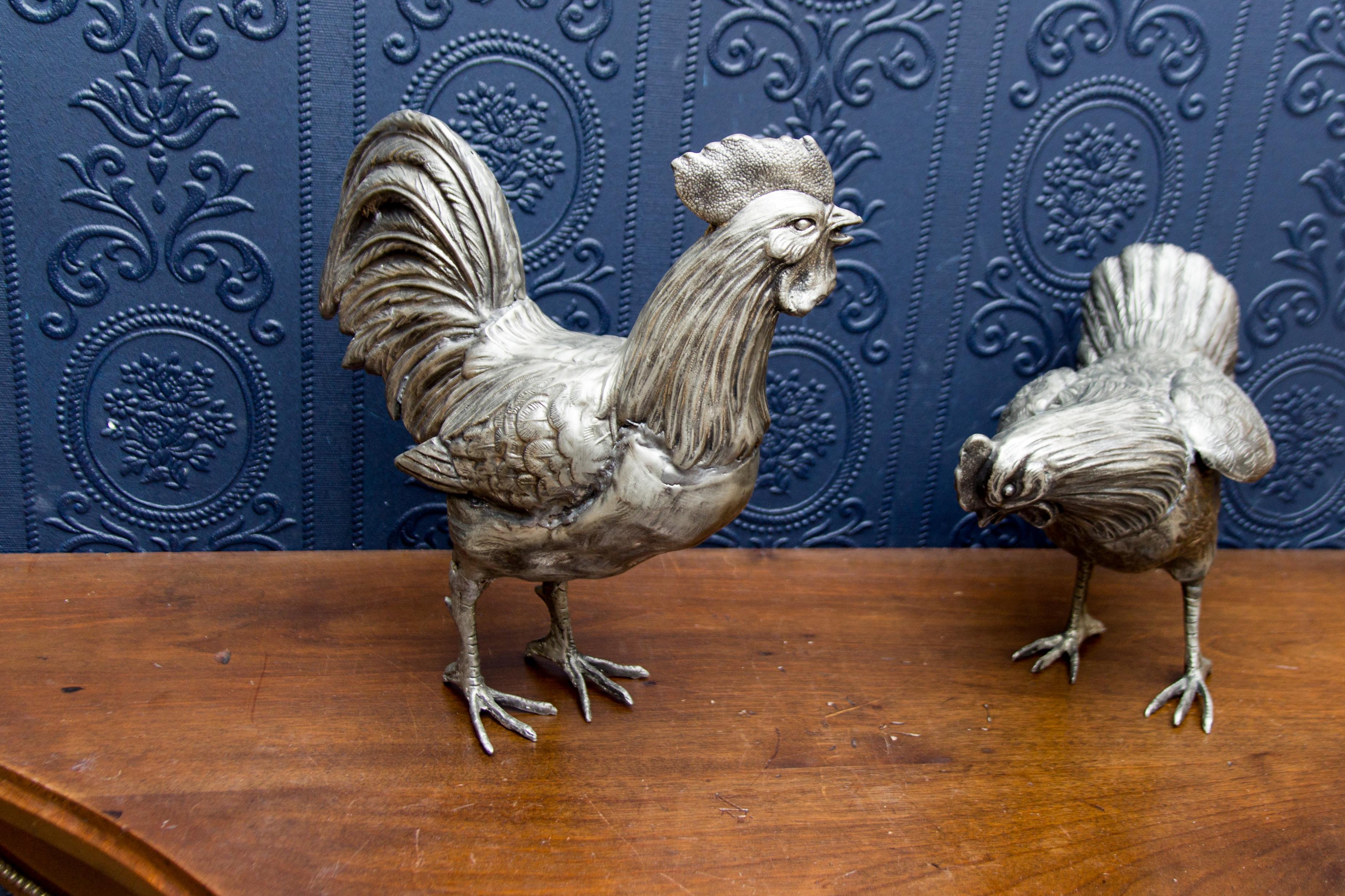Large French Pewter Rooster and Chicken Sculptures 7