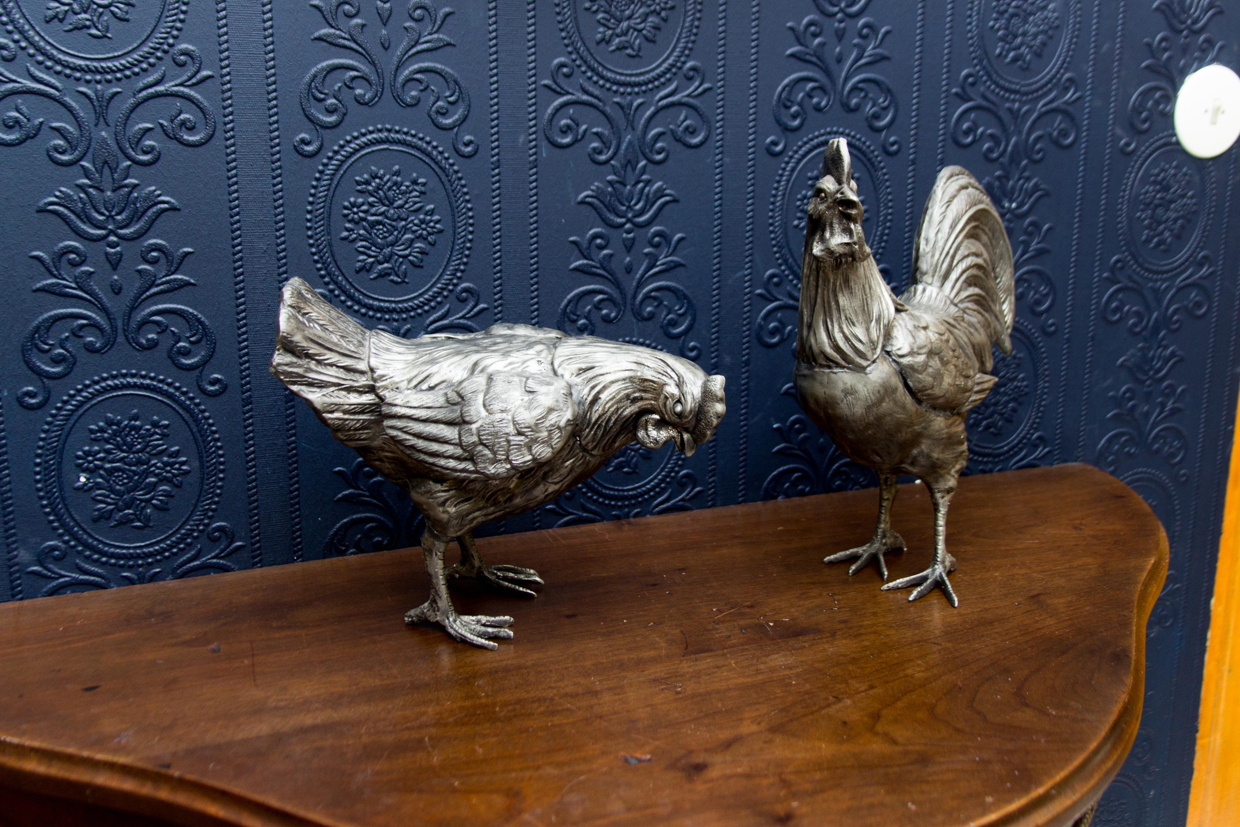 Large French Pewter Rooster and Chicken Sculptures 8