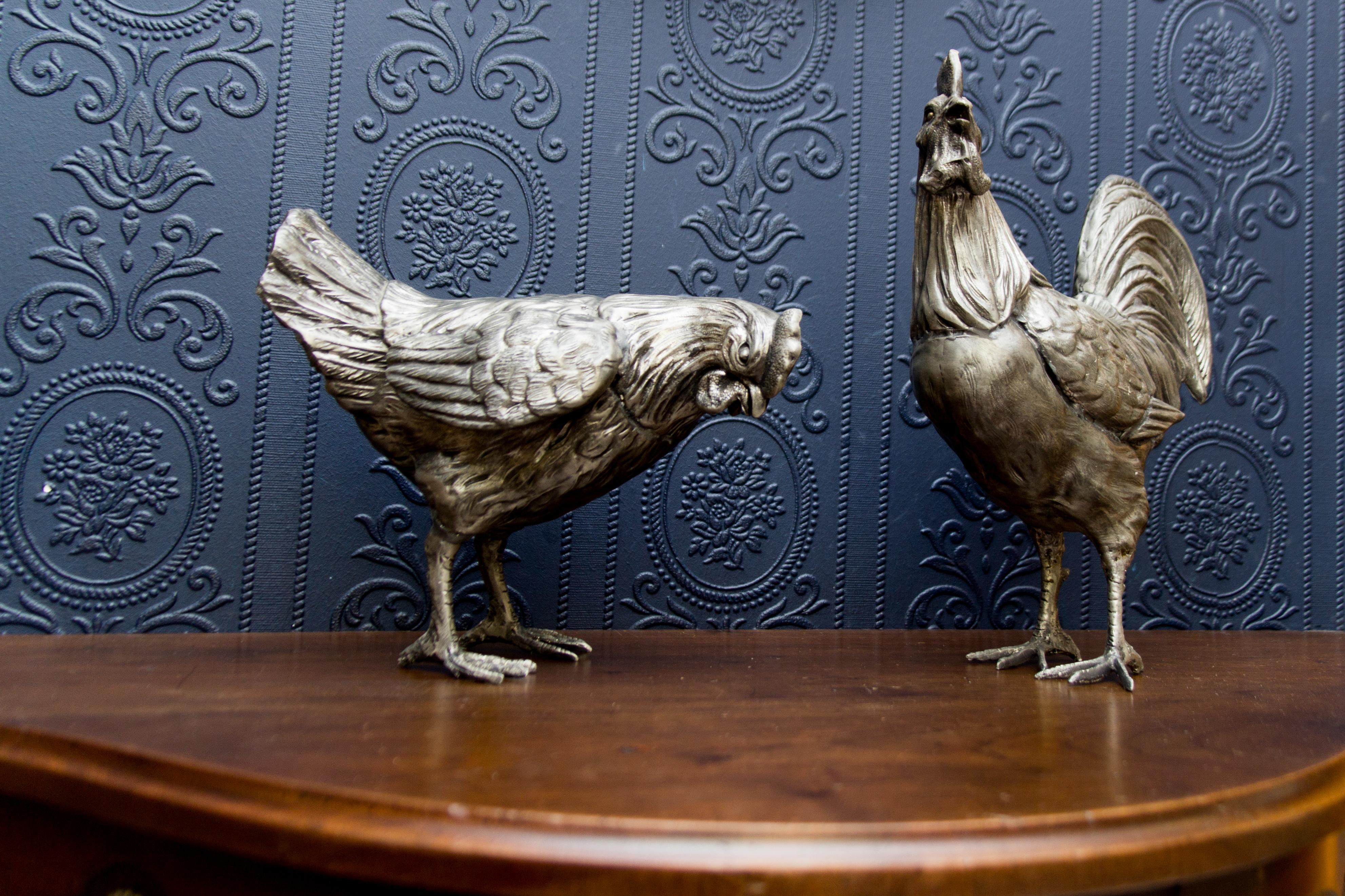 Large French Pewter Rooster and Chicken Sculptures 9