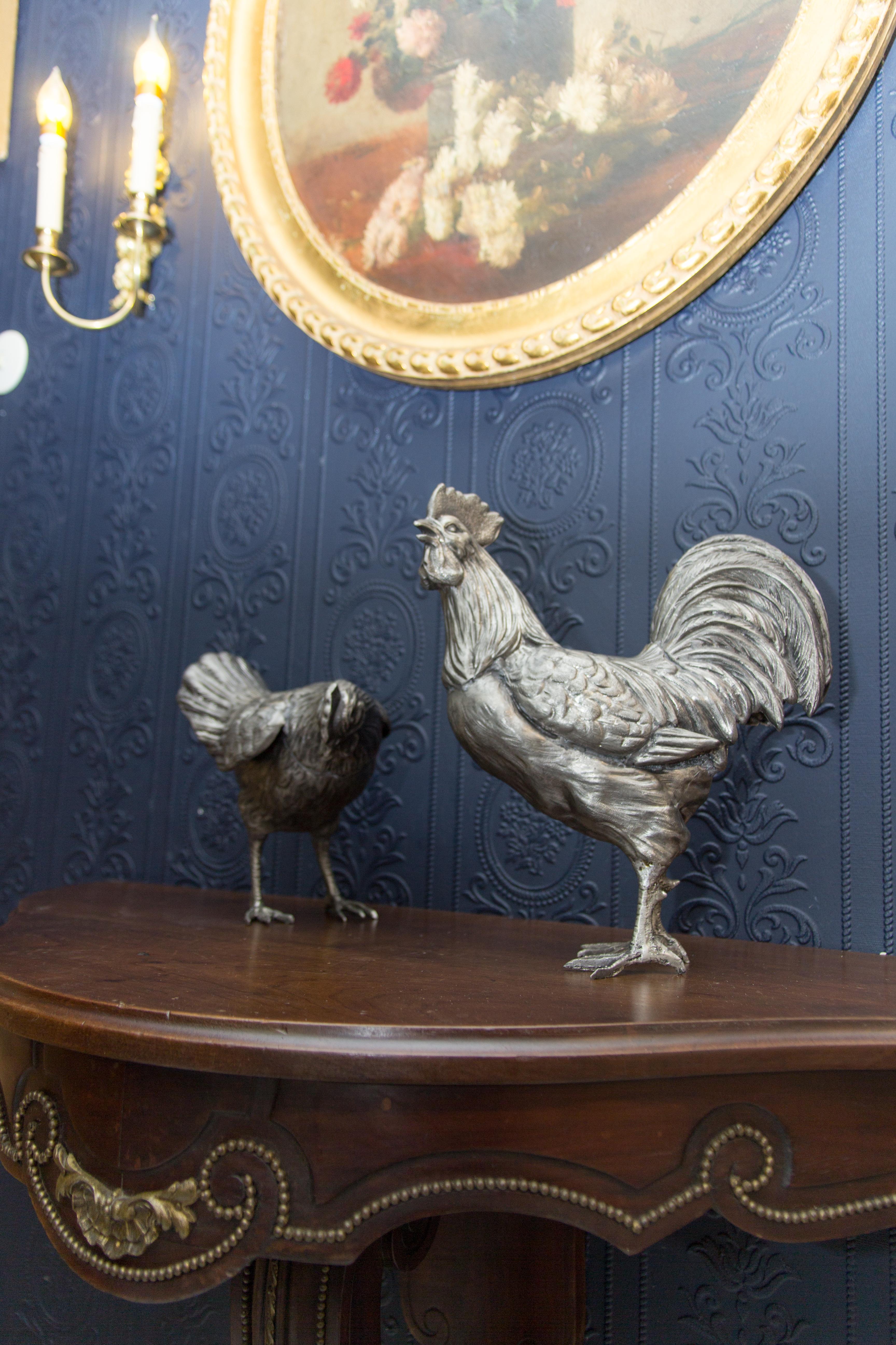 Large French Pewter Rooster and Chicken Sculptures 11