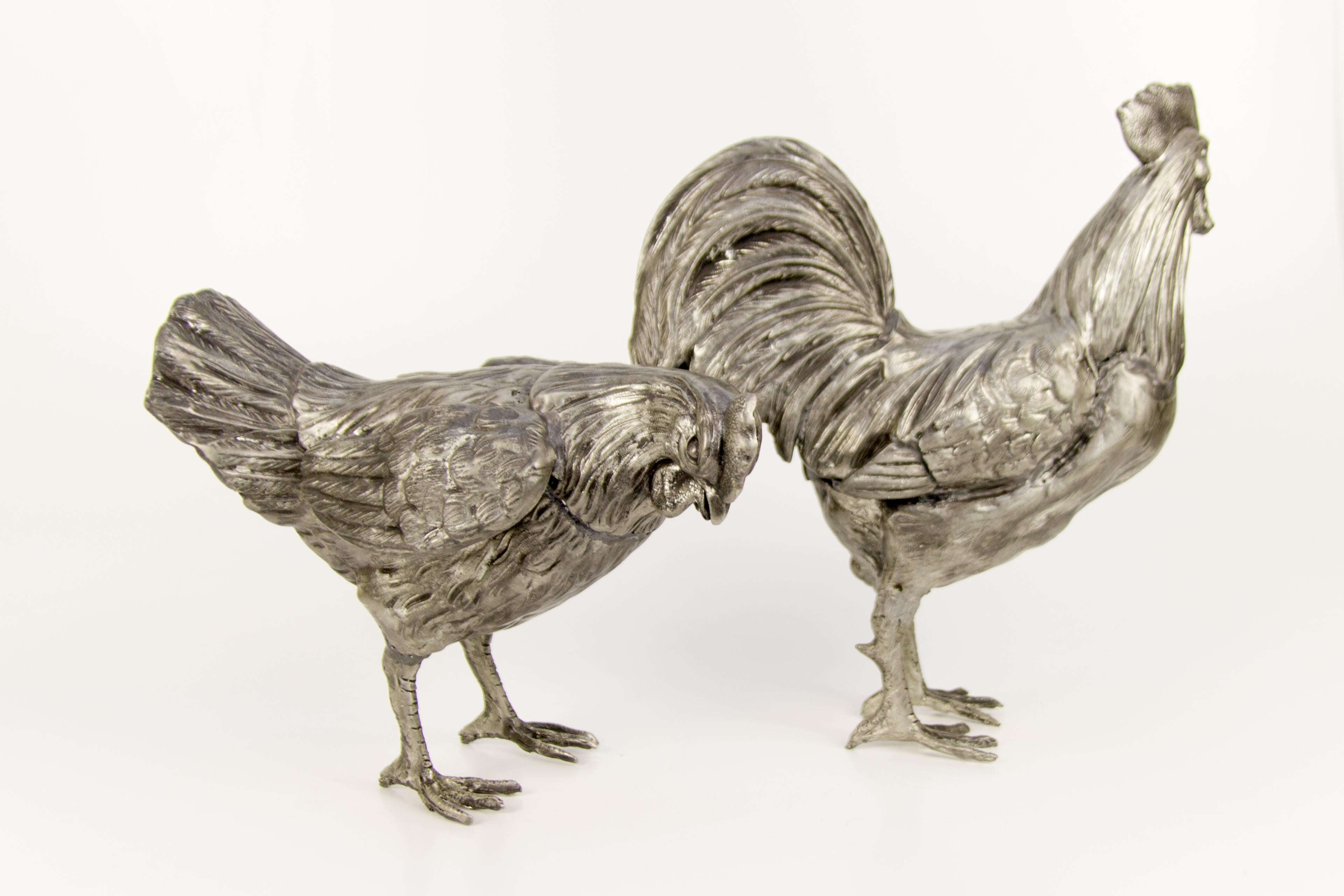 20th Century Large French Pewter Rooster and Chicken Sculptures