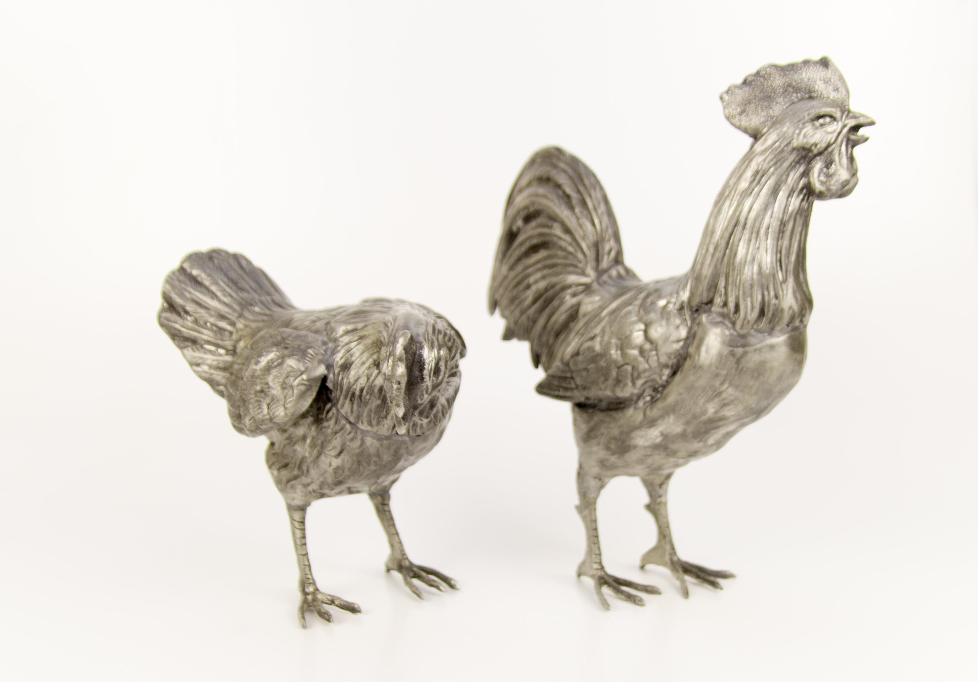 Large French Pewter Rooster and Chicken Sculptures 1