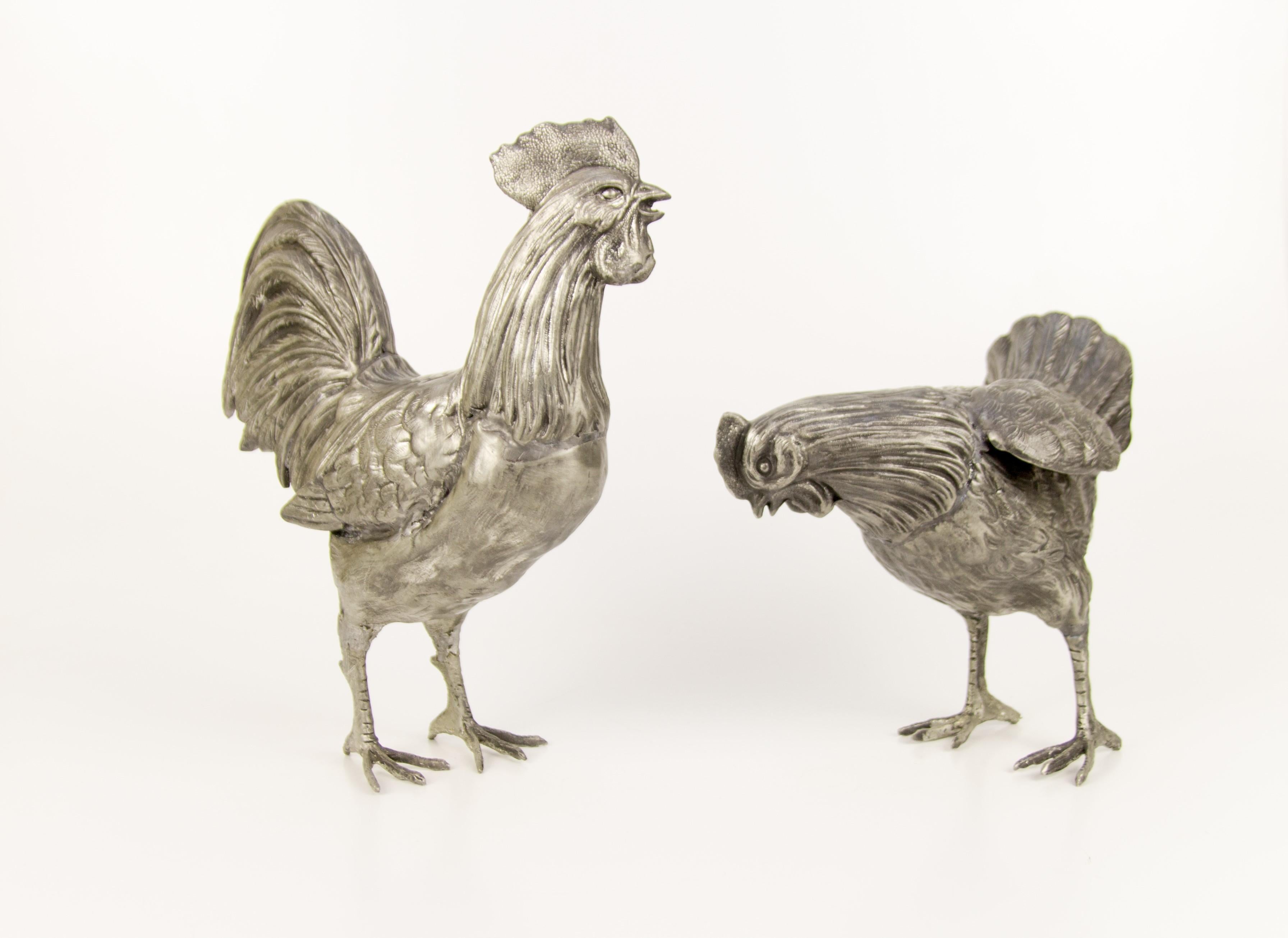 Large French Pewter Rooster and Chicken Sculptures 2