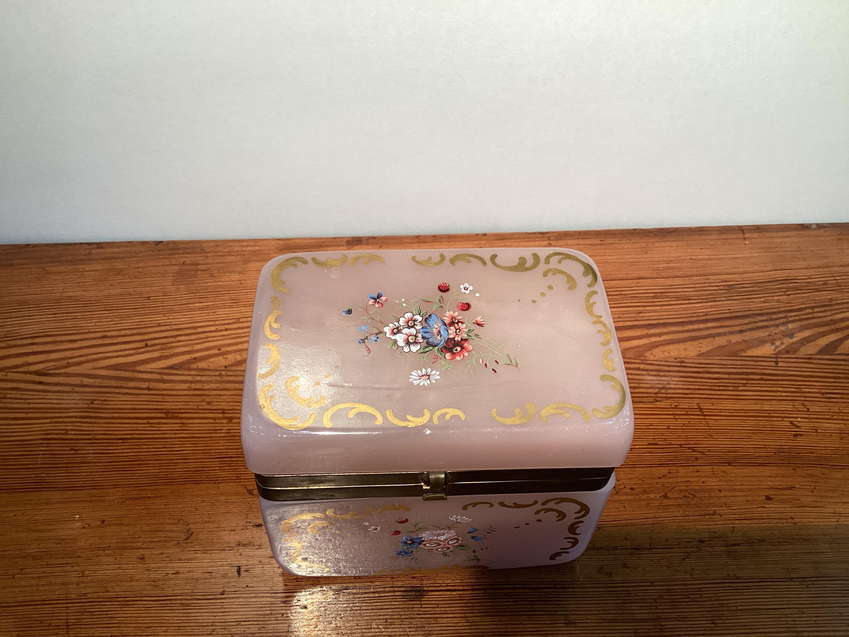 Early 20th Century Large French Pink Opaline Box with Gilt and Floral Decoration