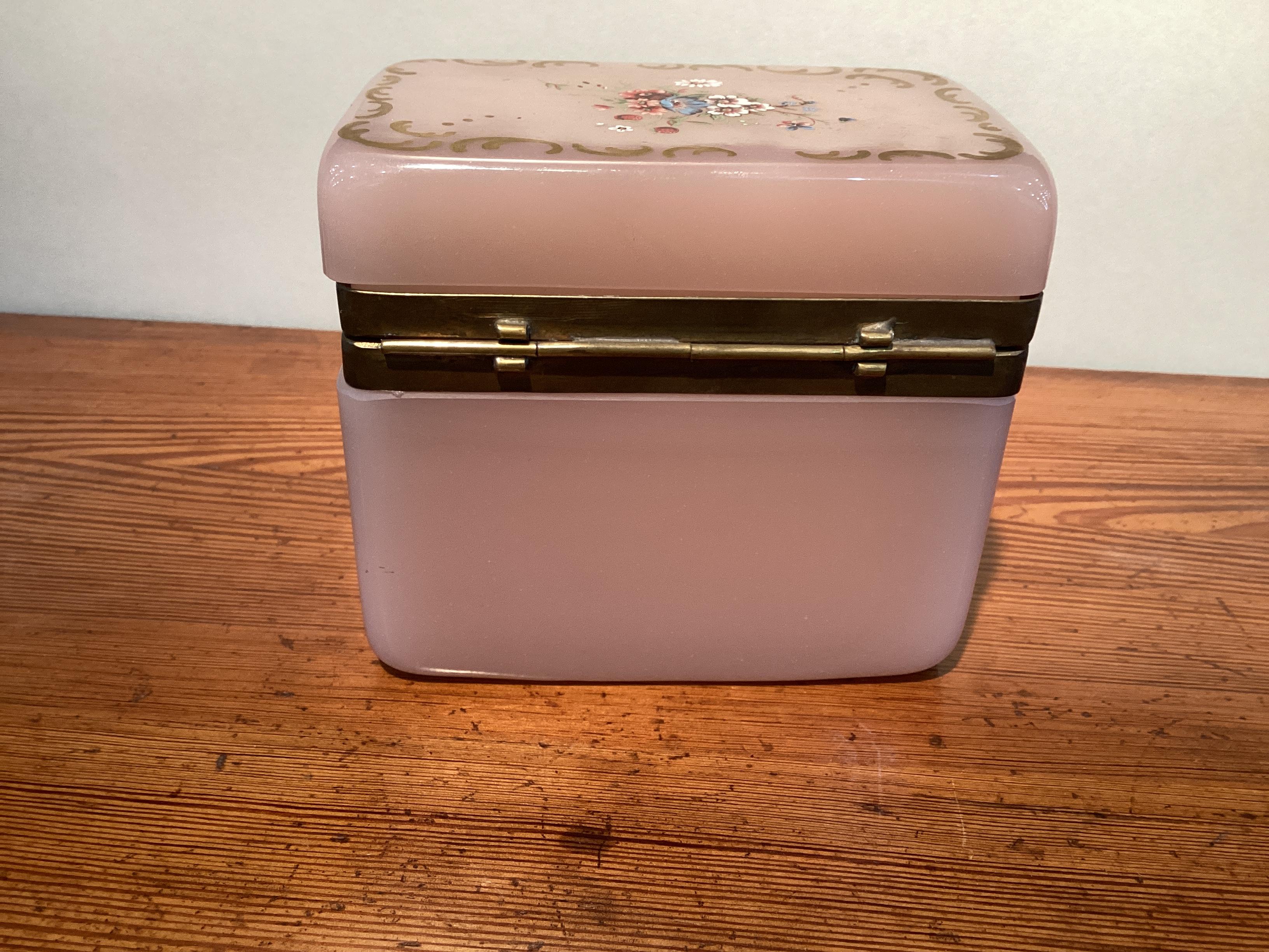 Large French Pink Opaline Box with Gilt and Floral Decoration 1