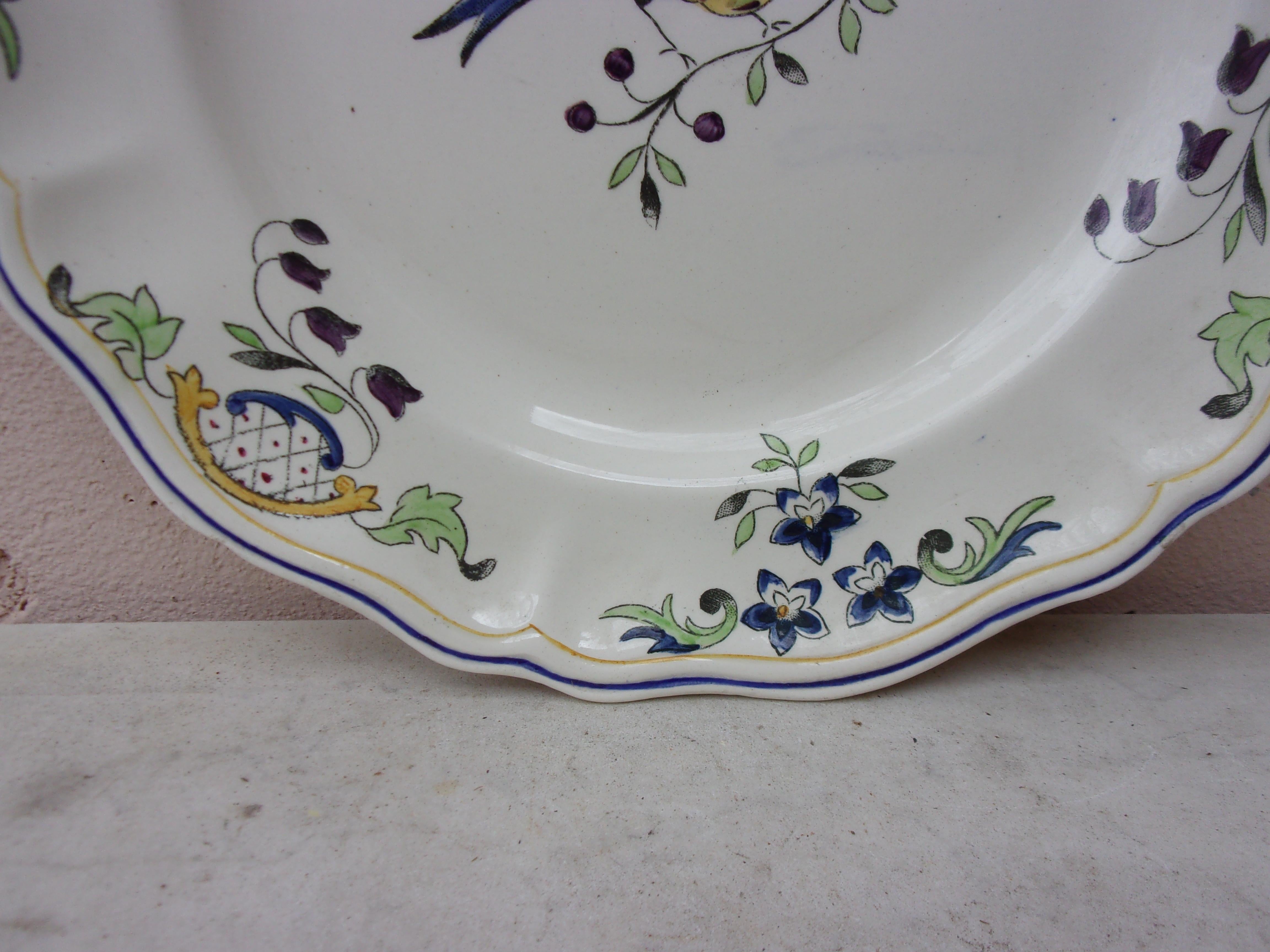 Rustic Large French Plate with Bird Longchamp Model Clery circa 1930