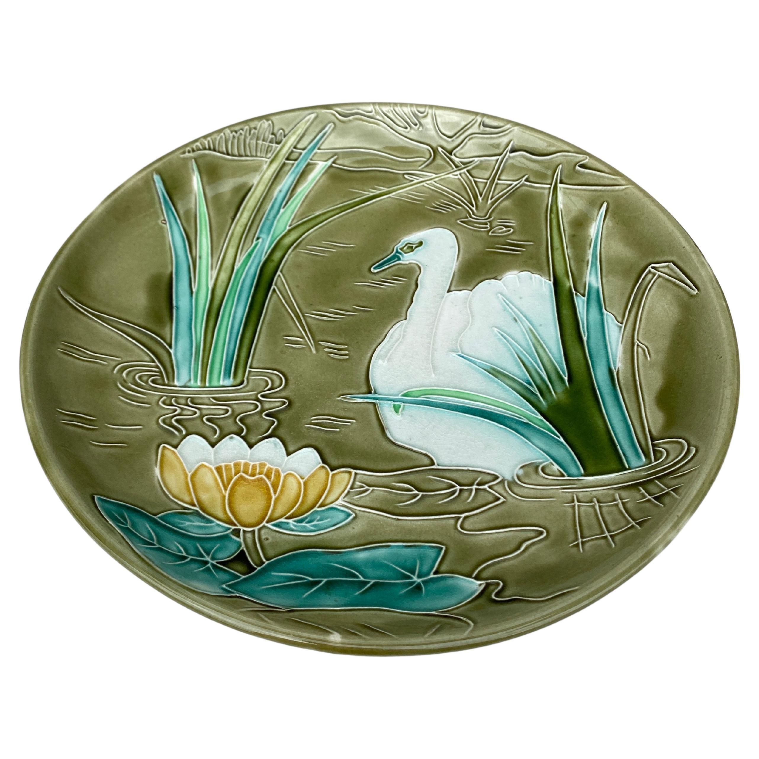 Large French Majolica Platter Swan in a Pond Orchies Circa 1900.