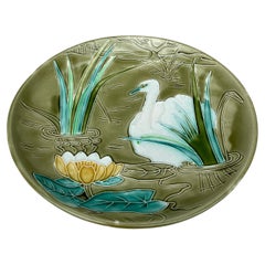 Large French Majolica Platter Swan Orchies Circa 1900