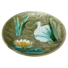 Large French Majolica Platter Swan Orchies, Circa 1900