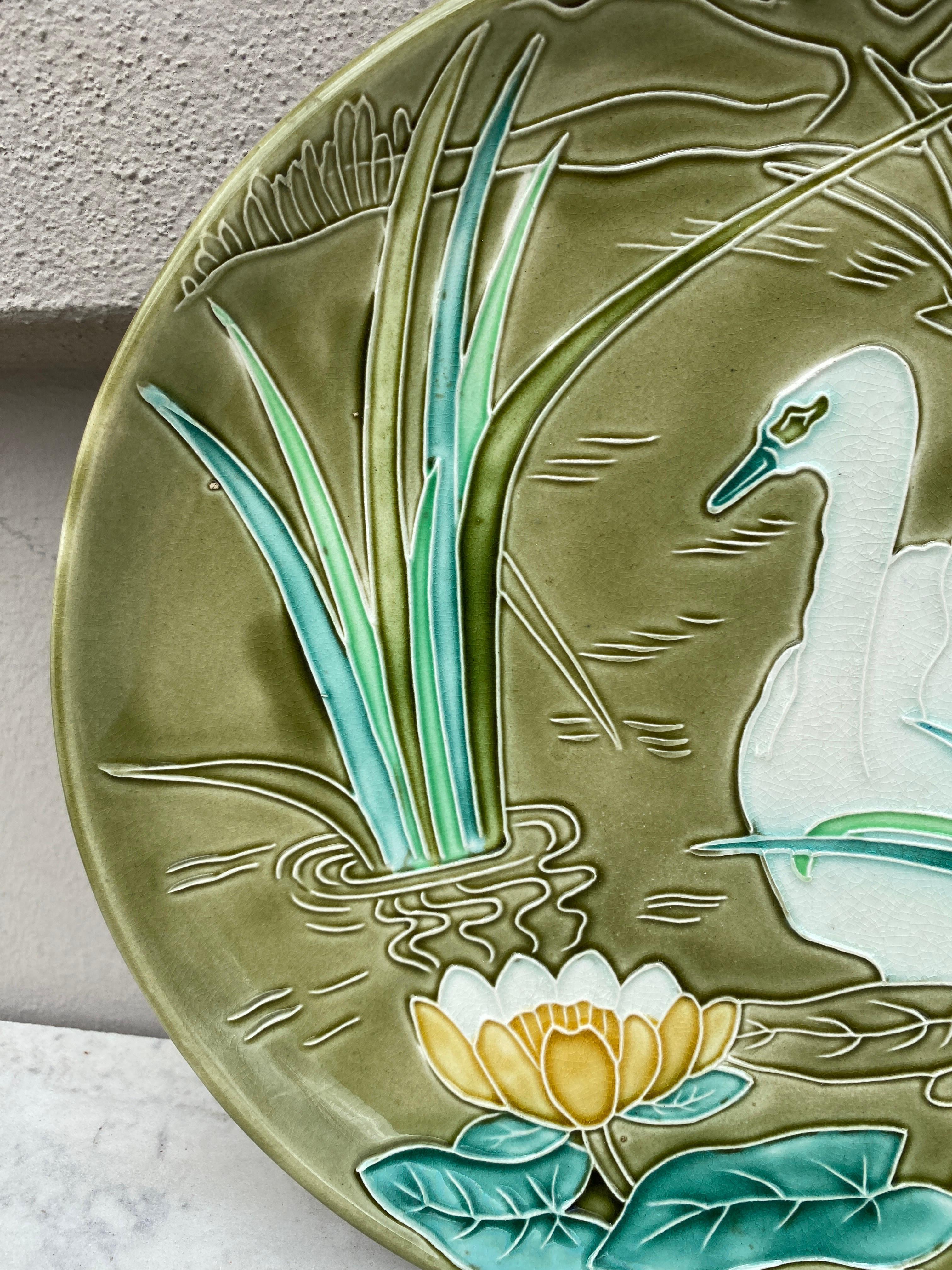 Rustic Large French Majolica Platter Swan Orchies Circa 1900 For Sale