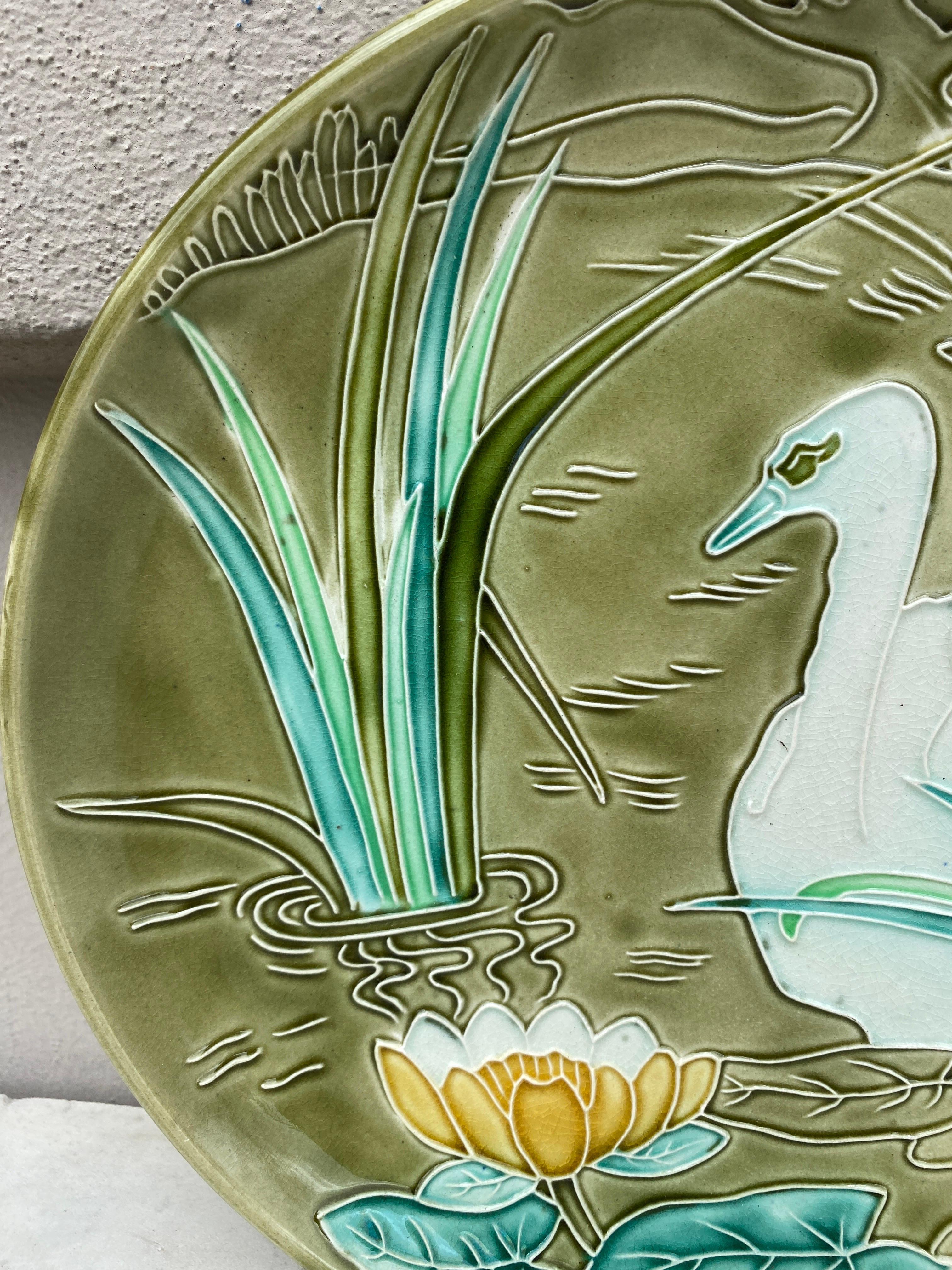 Rustic Large French Majolica Platter Swan Orchies, Circa 1900 For Sale