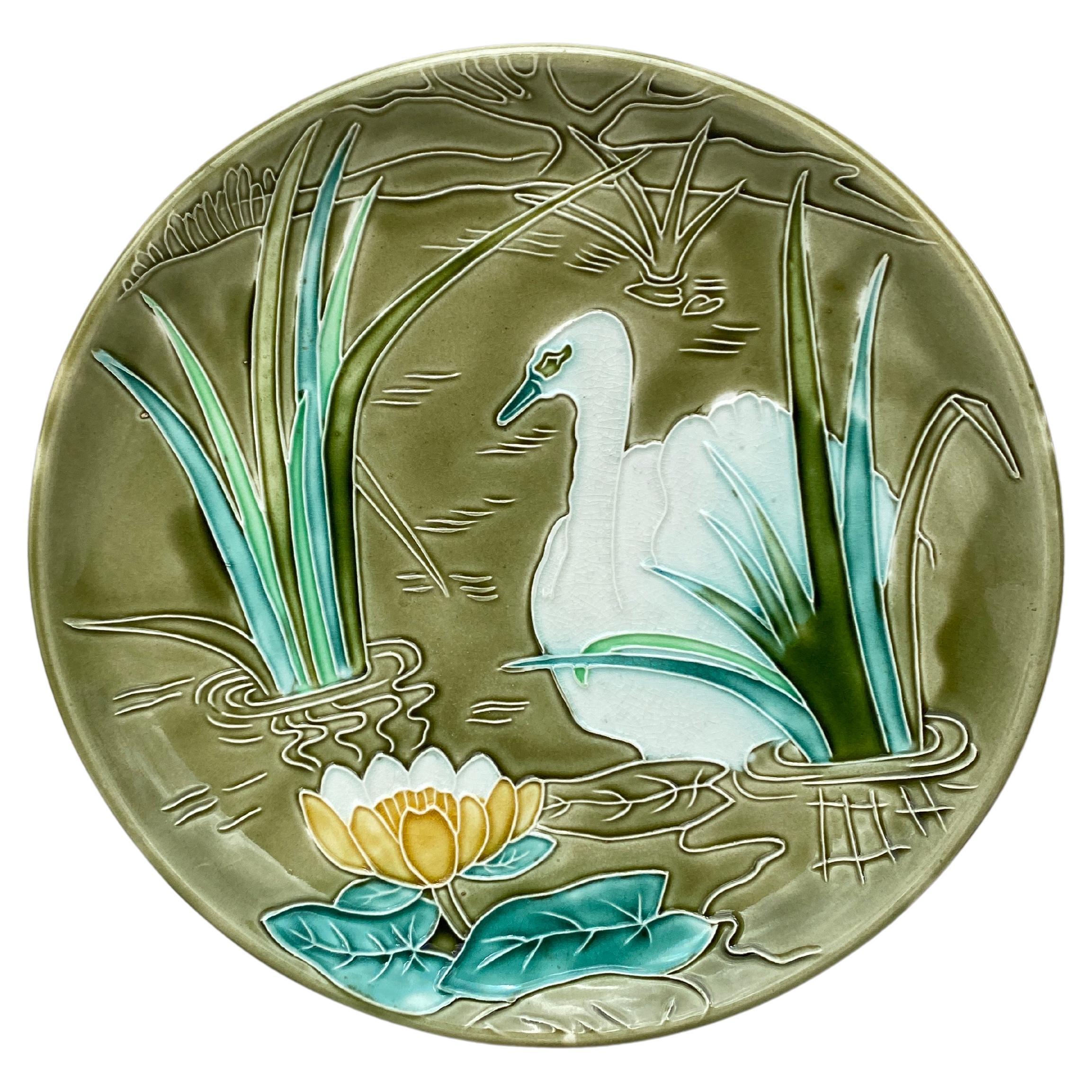Large French Majolica Platter Swan Orchies Circa 1900 For Sale