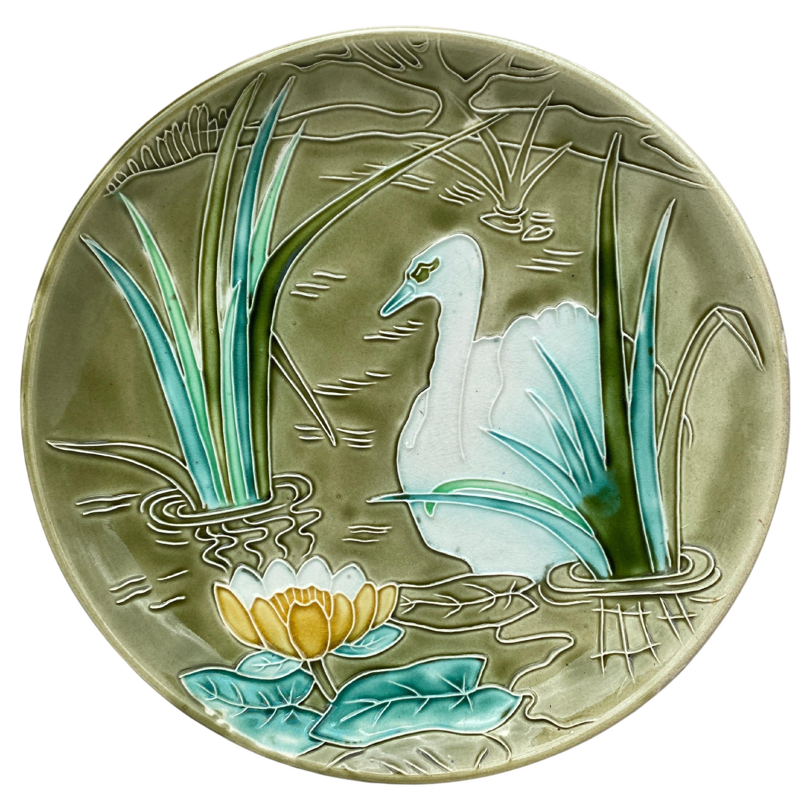 Large French Majolica Platter Swan Orchies, Circa 1900 For Sale