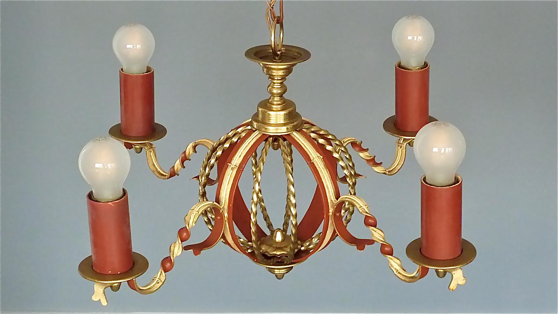 Enameled Large French Poillerat Style Globe Chandelier Wrought Iron Brass 1950s no.1 of 2 For Sale